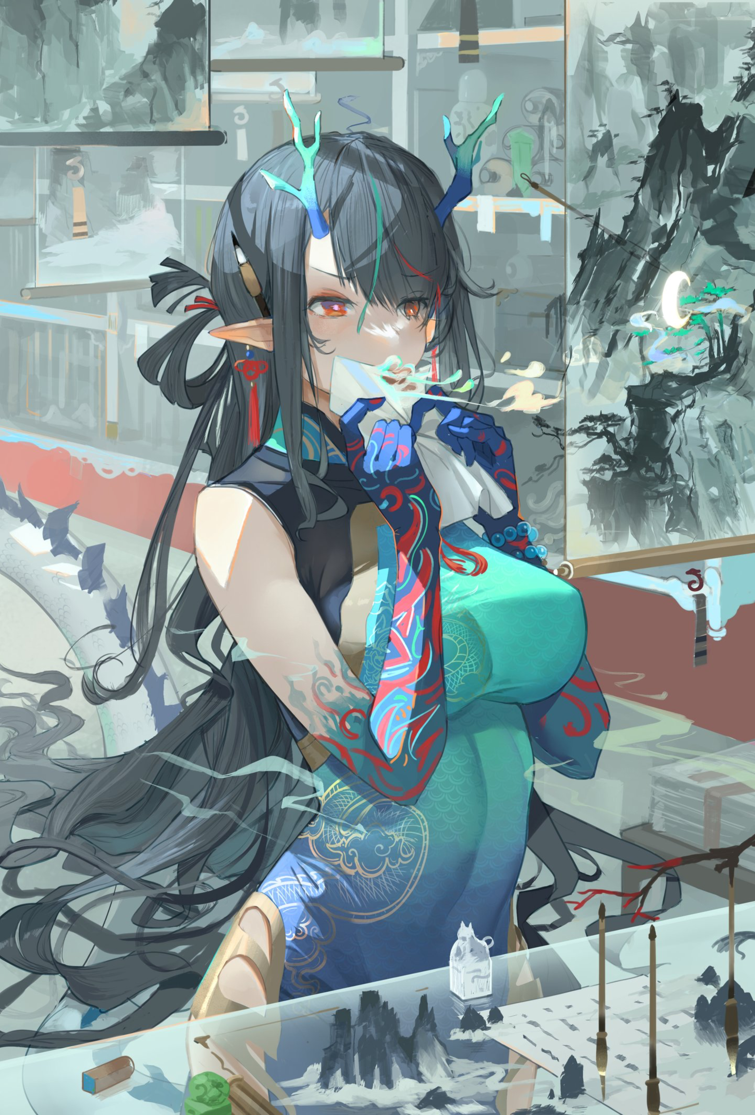 Anime Anime Girls Vertical Pointy Ears Chinese Dress Horns Long Hair Dusk Arknights Arknights 2570x3795