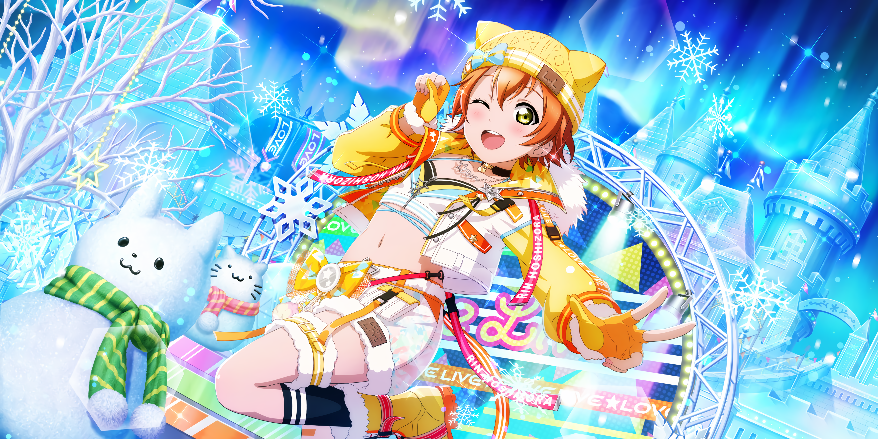 Hoshizora Rin Love Live Anime Anime Girls One Eye Closed Hat Gloves Snow Snowflakes Scarf Snowman Fi 3600x1800