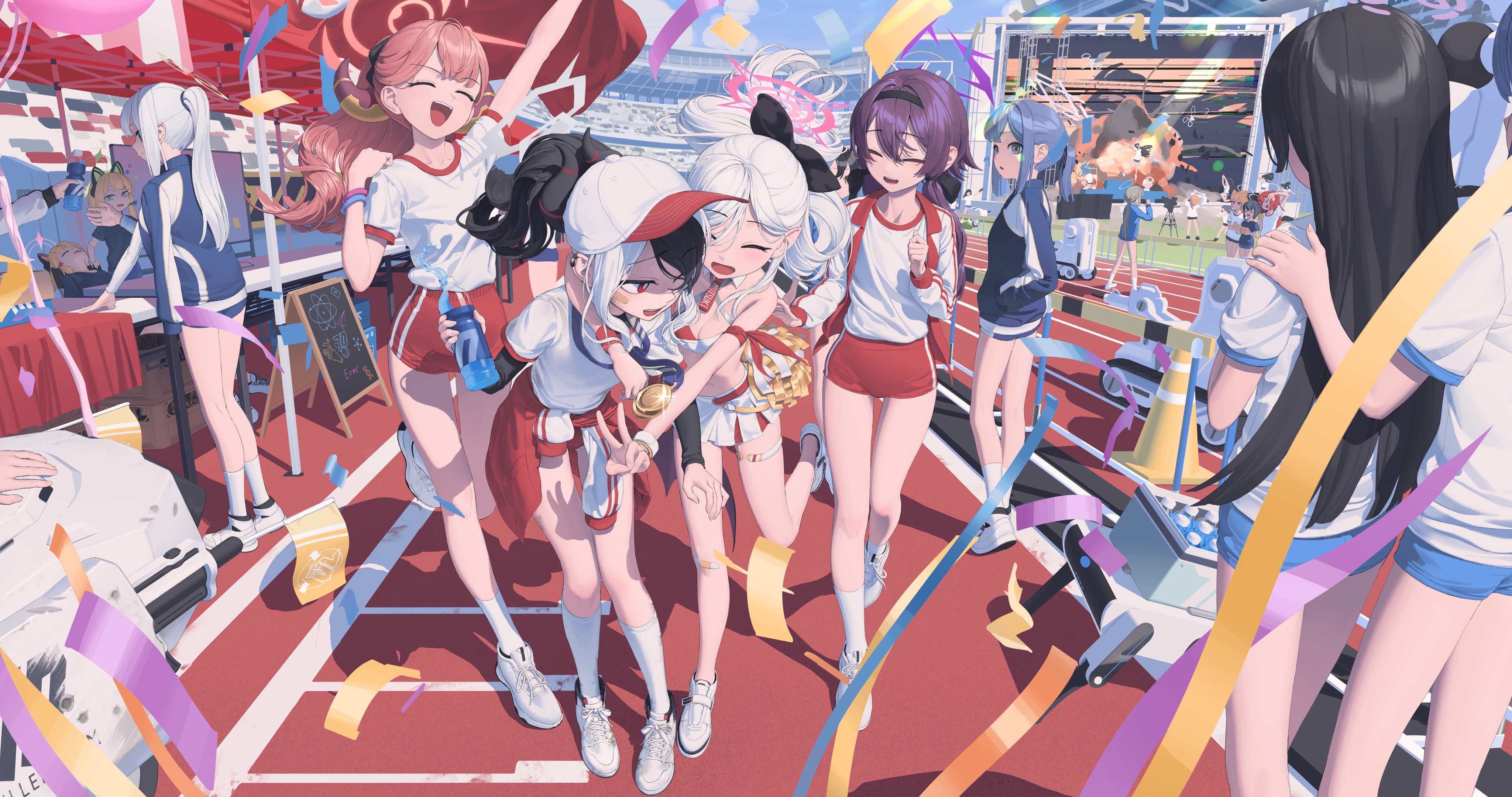 Anime Anime Girls Digital Art Artwork 2D Cheerleaders Happy Shorts Hugging Blue Archive 4096x2160