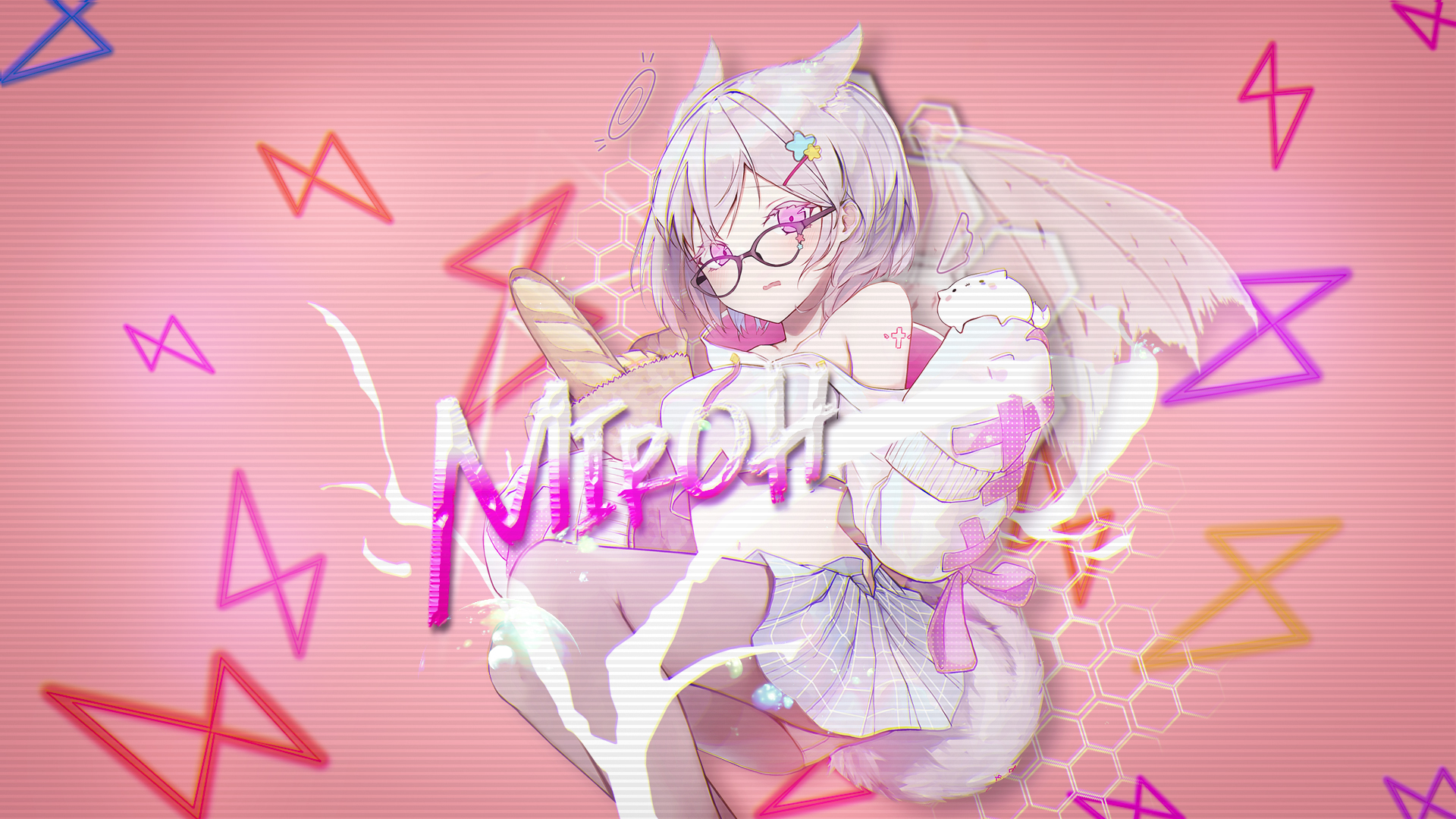 Anime Anime Girls Cat Girl Cat Ears Cat Tail Baguette Glasses Wings Simple Background 1920x1080