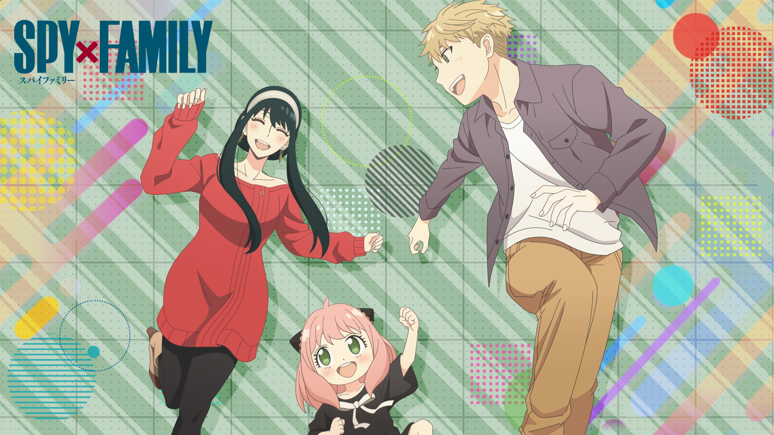 Yor Forger Anya Forger Loid Forger Spy X Family Red Clothing Smile Green Background Anime Anime Boys 2560x1440