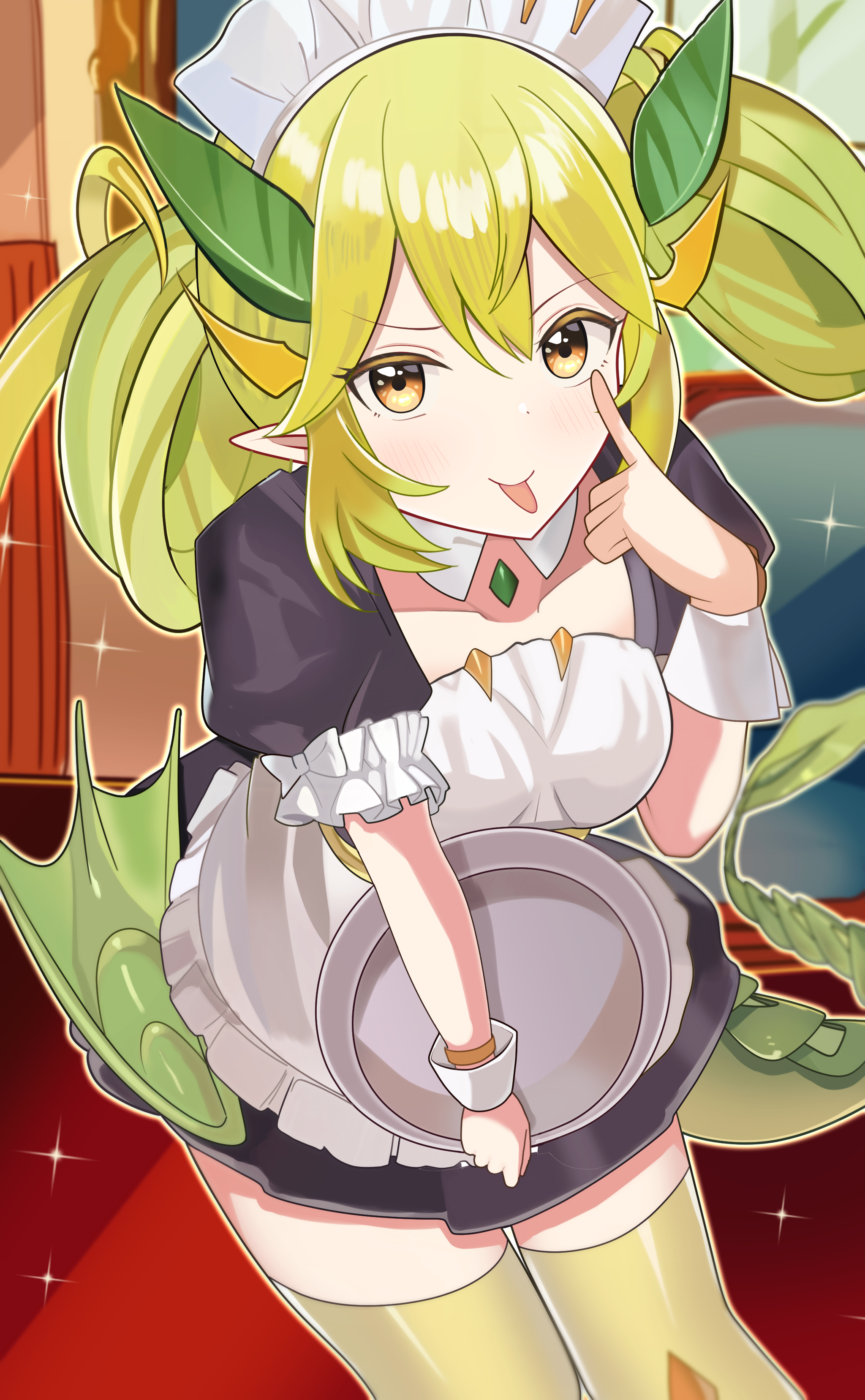 Anime Anime Girls Trading Card Games Yu Gi Oh Parlor Dragonmaid Twintails Green Hair Maid Maid Outfi 2048x3314