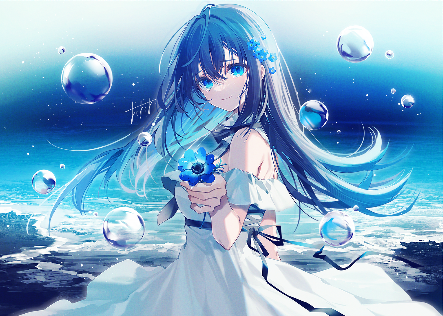 Anime Anime Girls Blue Hair Blue Eyes Water Enchantress Of The Temple Bubbles Flowers Dress Water 1500x1069