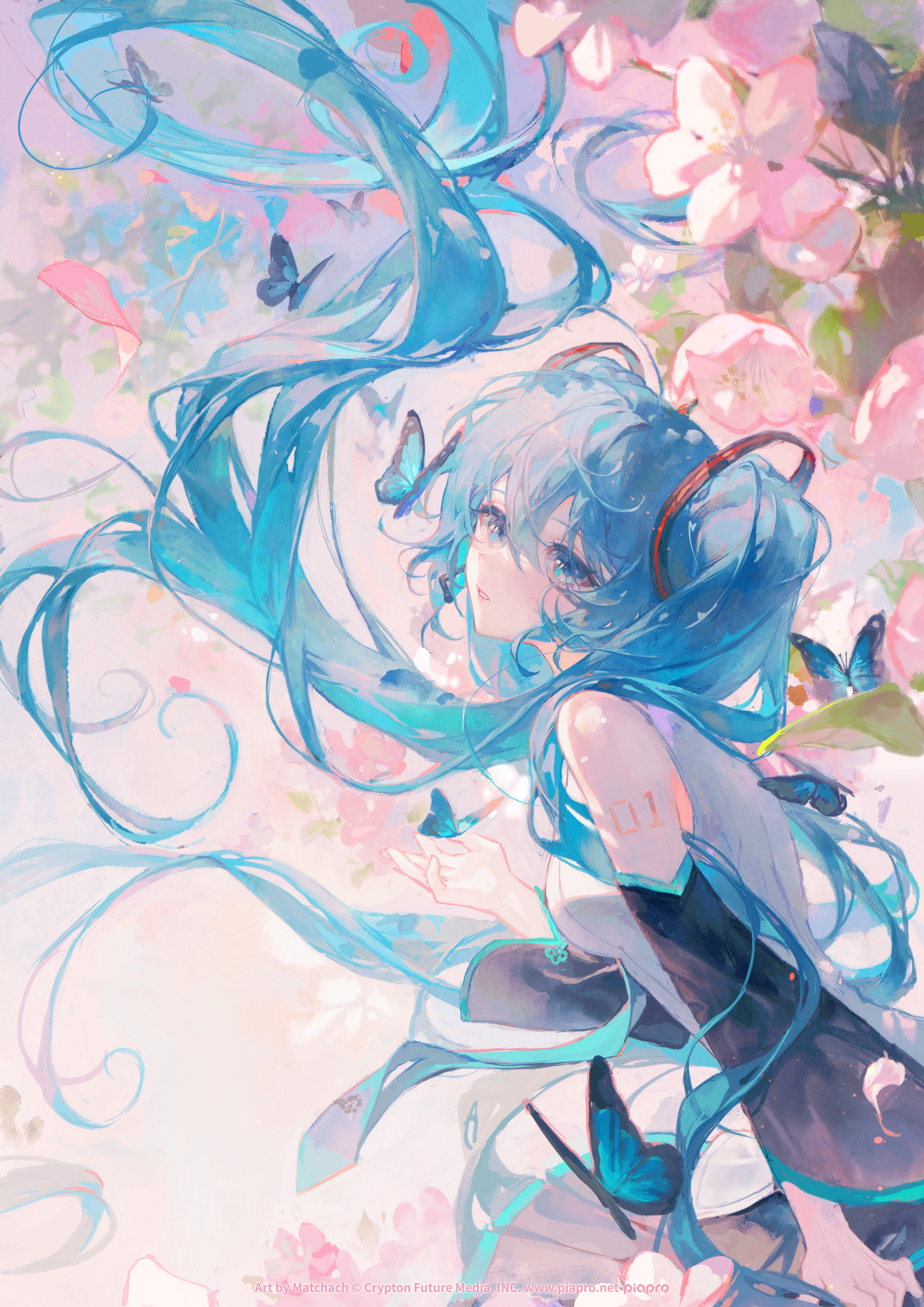 Maccha Anime Anime Girls Portrait Display Vocaloid Hatsune Miku Twintails Butterfly Blue Hair Blue E 2480x3508