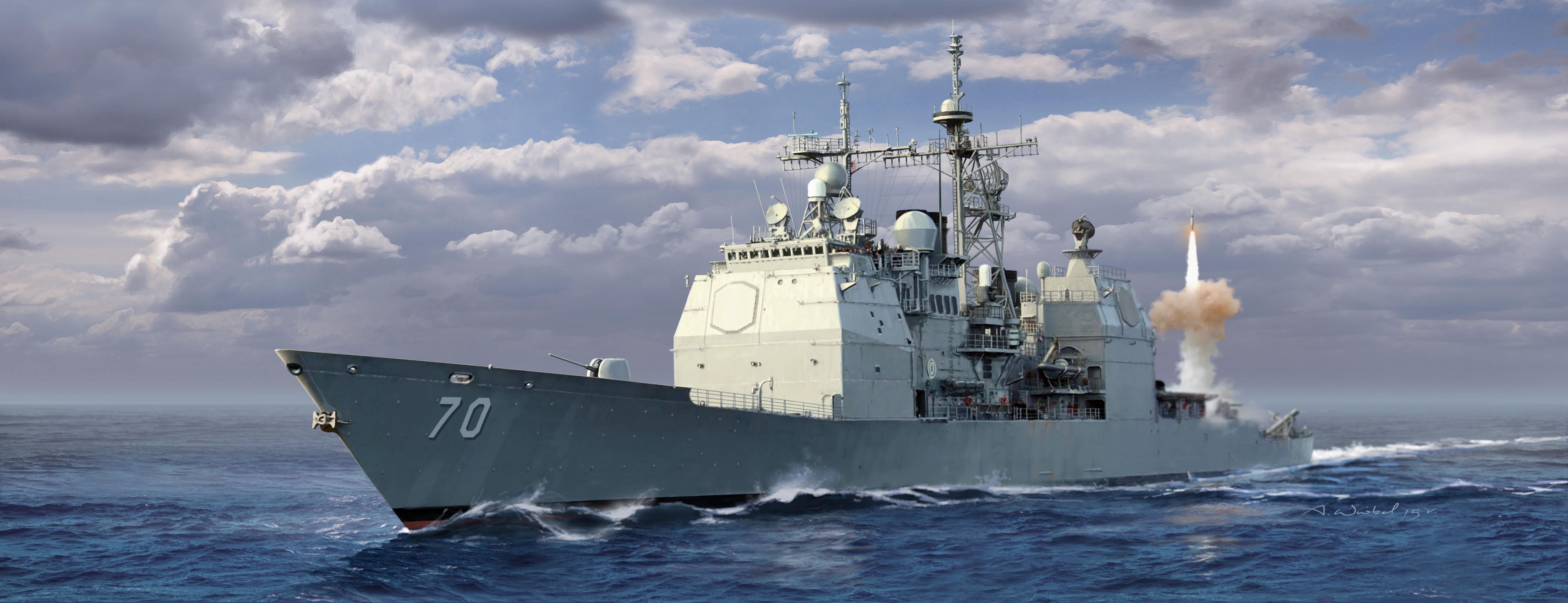 Warship Sea Sky Rocket Military United States Navy Water Clouds Ship Artwork Military Vehicle Signat 5000x1923