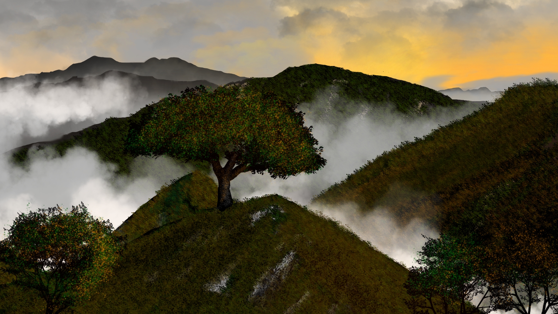 Digital Painting Digital Art Nature Landscape Fall Mist Artwork Trees Mountains 1920x1080