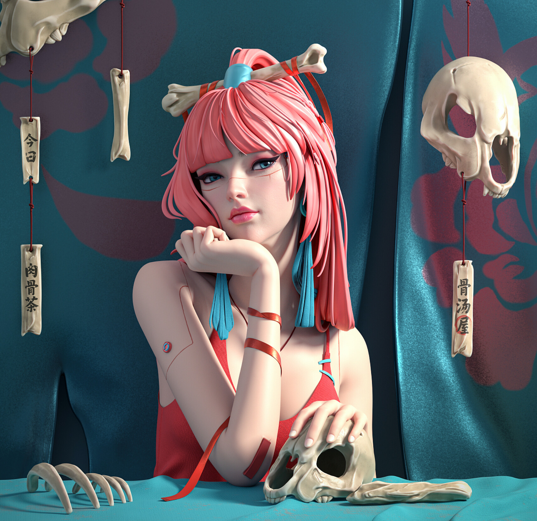 Digital Art Artwork Illustration Women Portrait Pink Hair Blue Eyes Skull Bones CGi 1710x1662