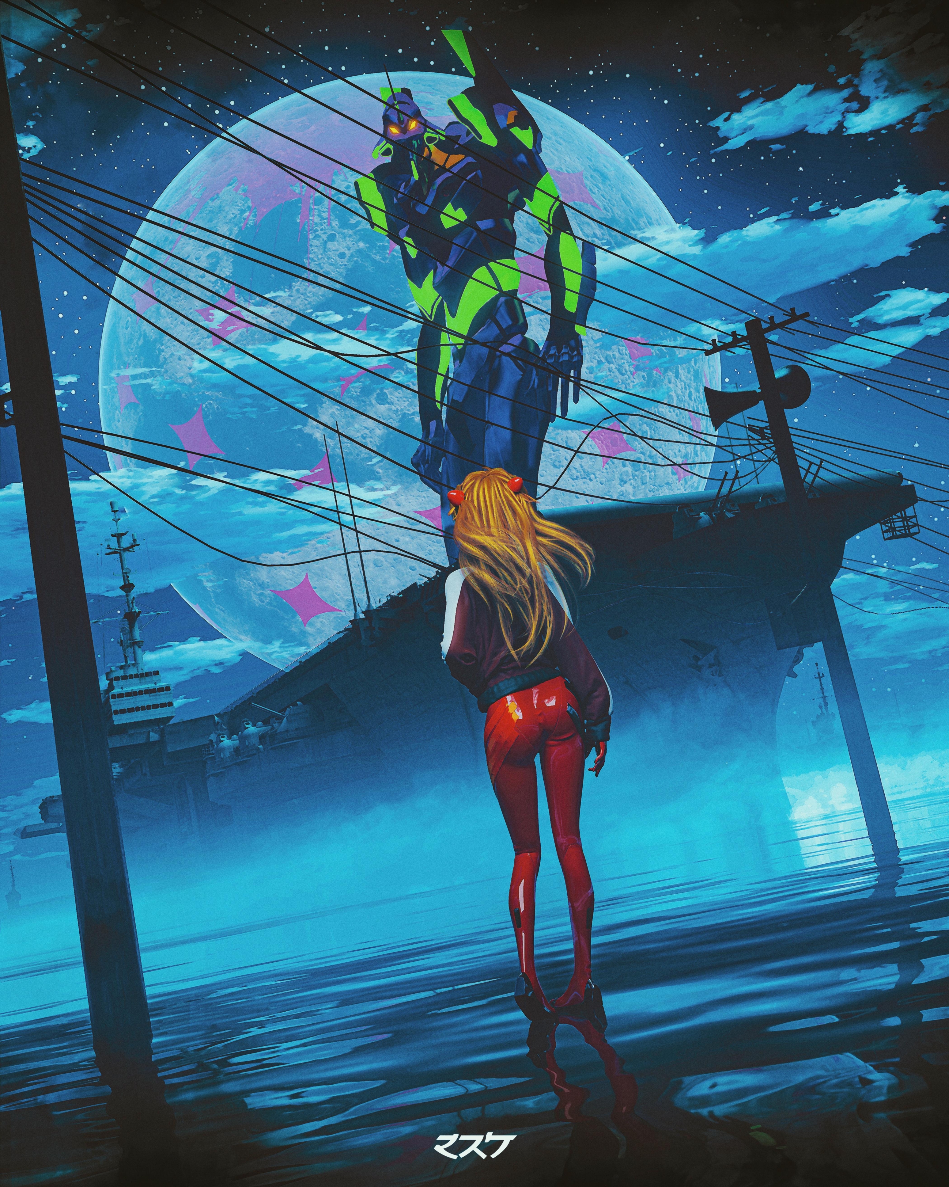 Anime Girls Anime Women Warrior Blue Background Red Blue Fantasy Girl 4K Digital Art Neon Genesis Ev 3098x3873