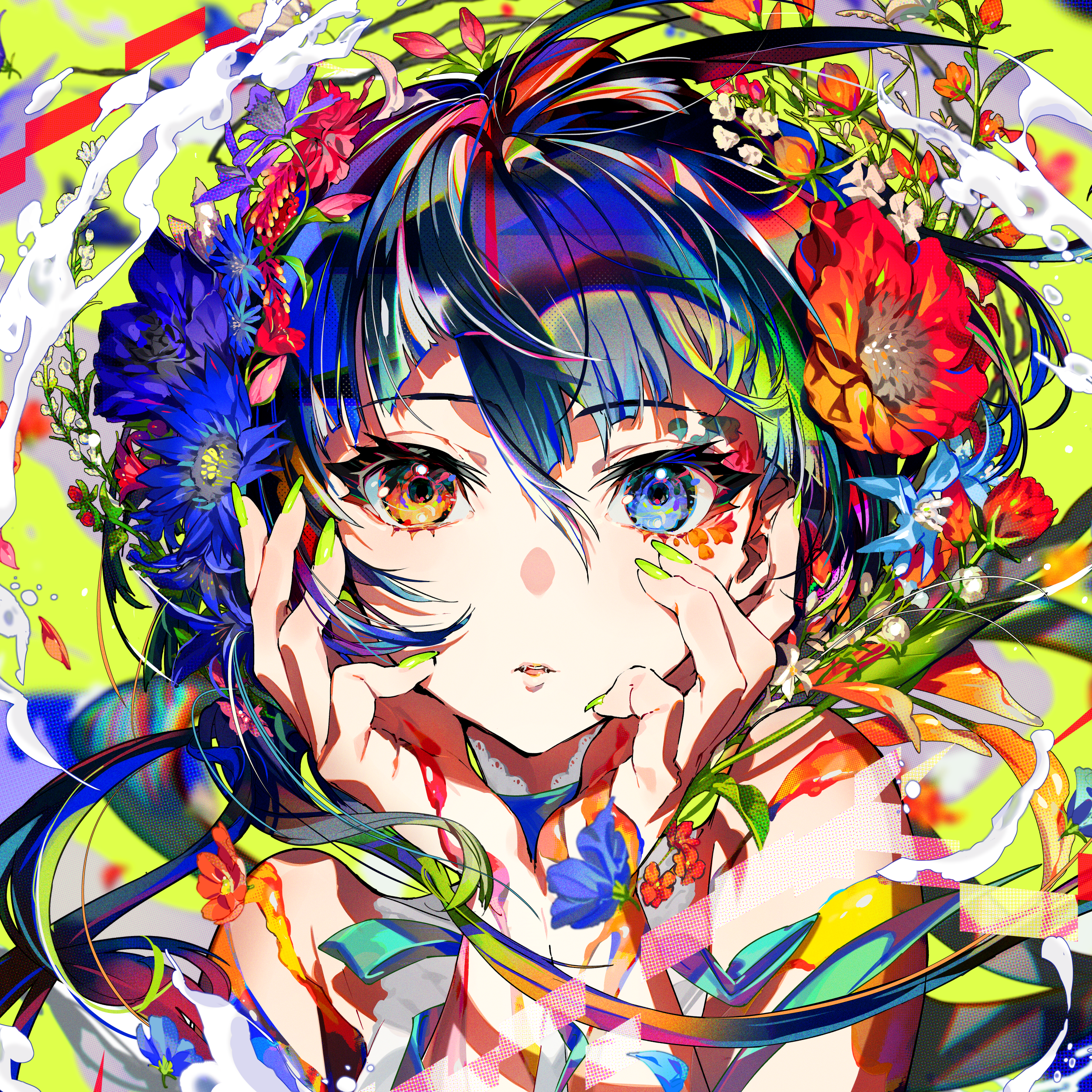 Anime Girls Colorful Flowers Mika Pikazo Heterochromia Flower In Hair Mishan Dance 2500x2500