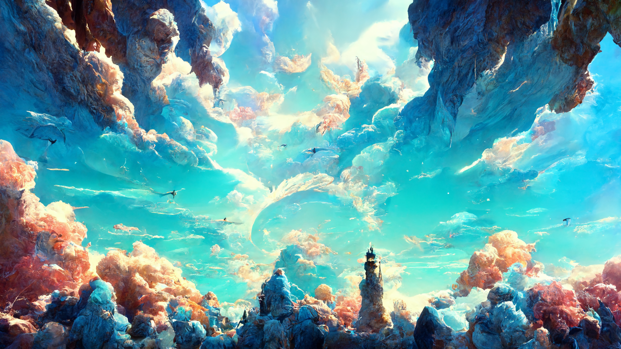 Sky Blue Clouds Fantasy Castle Ai Art Cyan 2048x1152