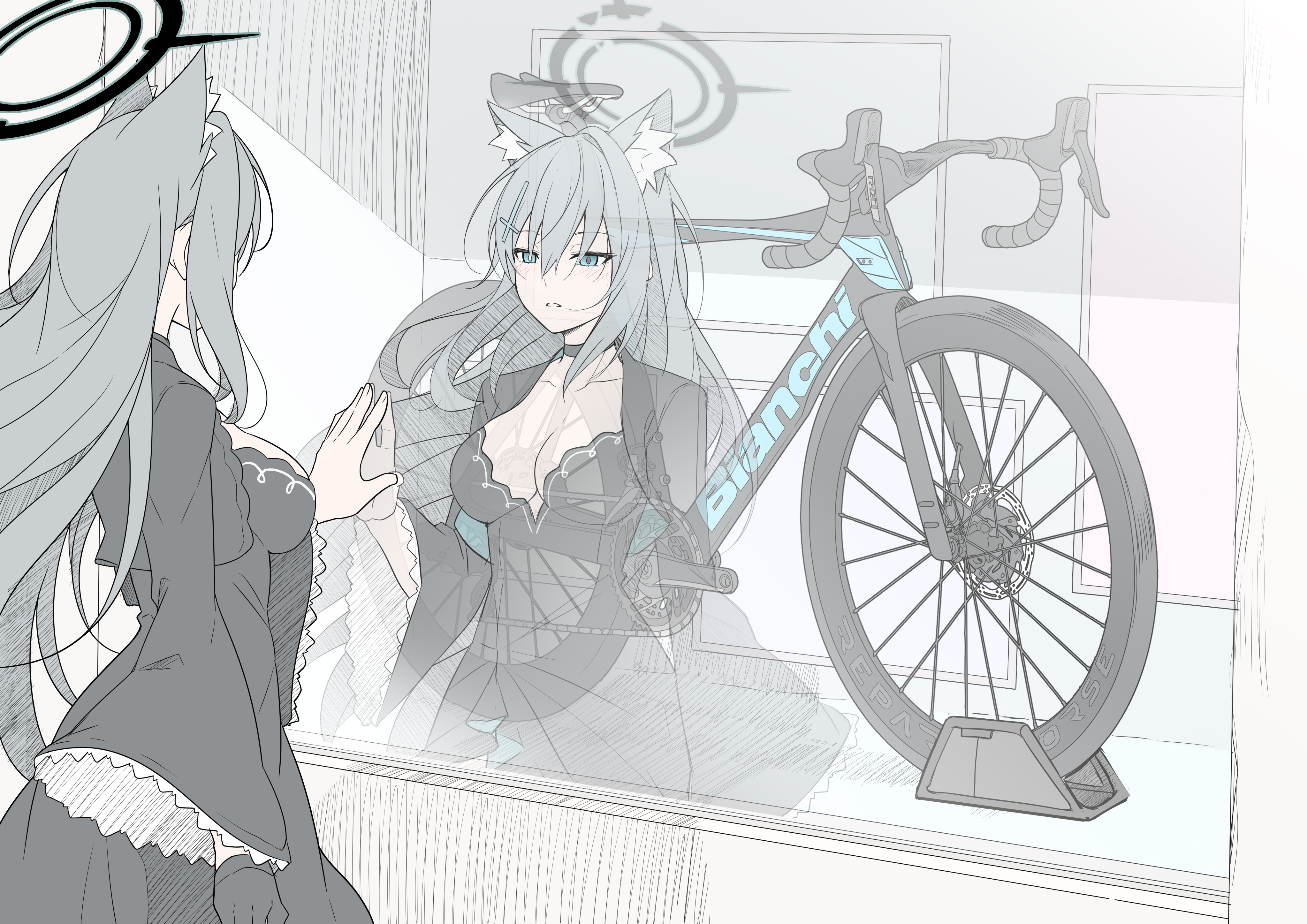 Blue Archive Anime Shiroko Blue Archive Reflection Fox Girl Fox Ears Long Hair Bicycle Choker Silver 4093x2894