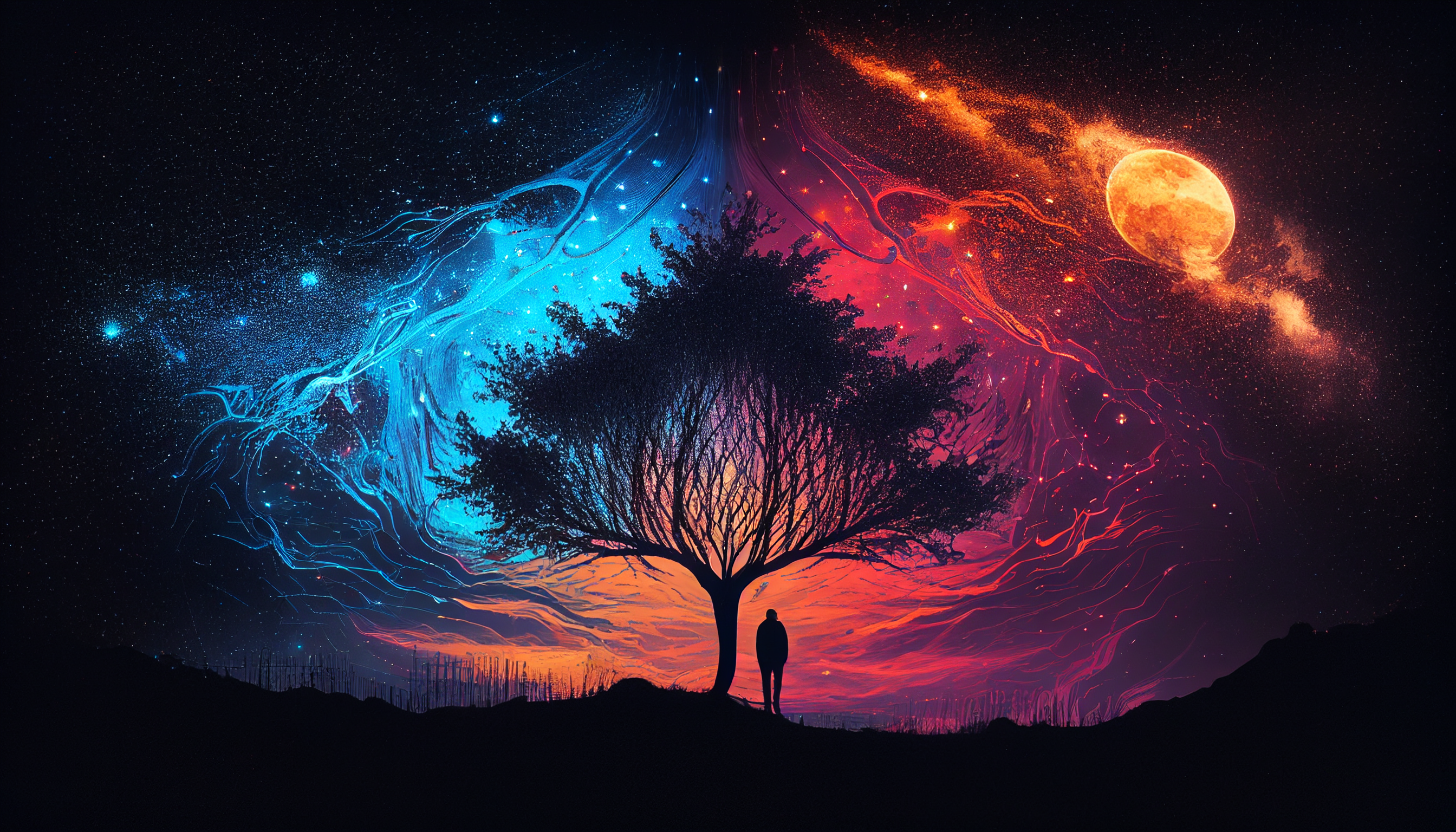 Silhouette Night Sky Ai Art Simple Background Minimalism Trees Stars Starry Night 2688x1536