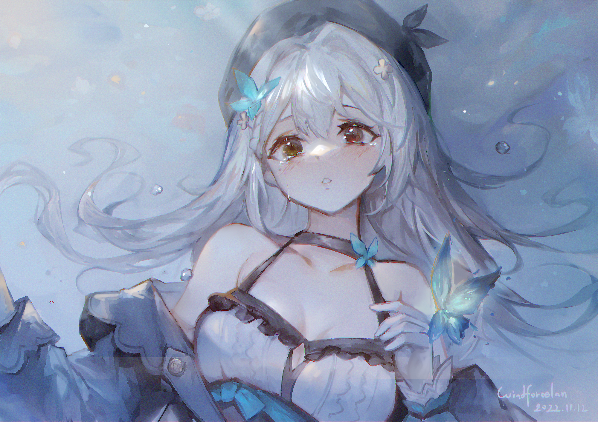 Anime Anime Girls Butterfly Hat Tears Crying White Hair Lying On Back 2000x1414