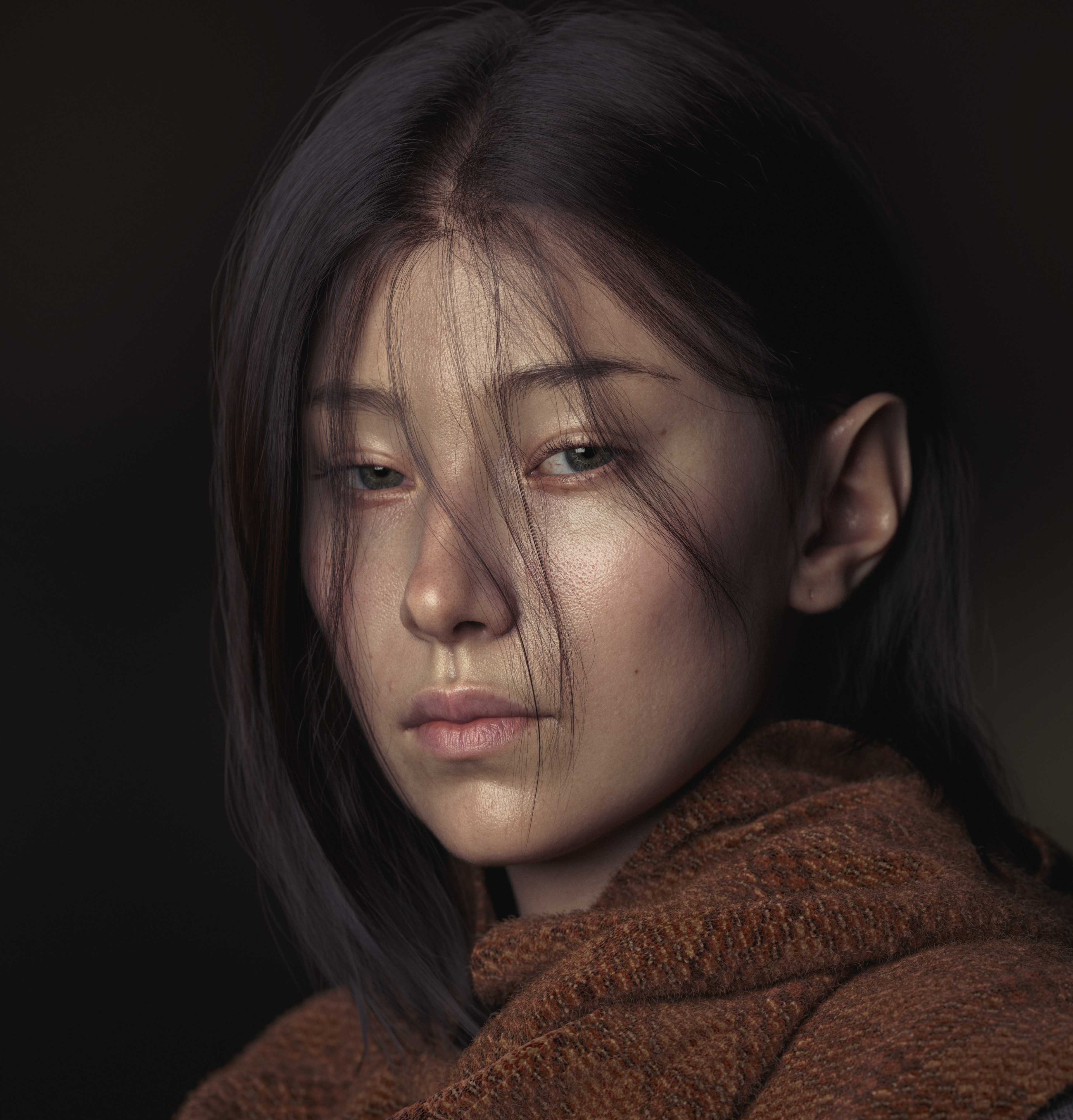 Asian Women Digital Art Artwork Face Portrait Dark Hair Dark Background Hair In Face Looking At View 3840x4008