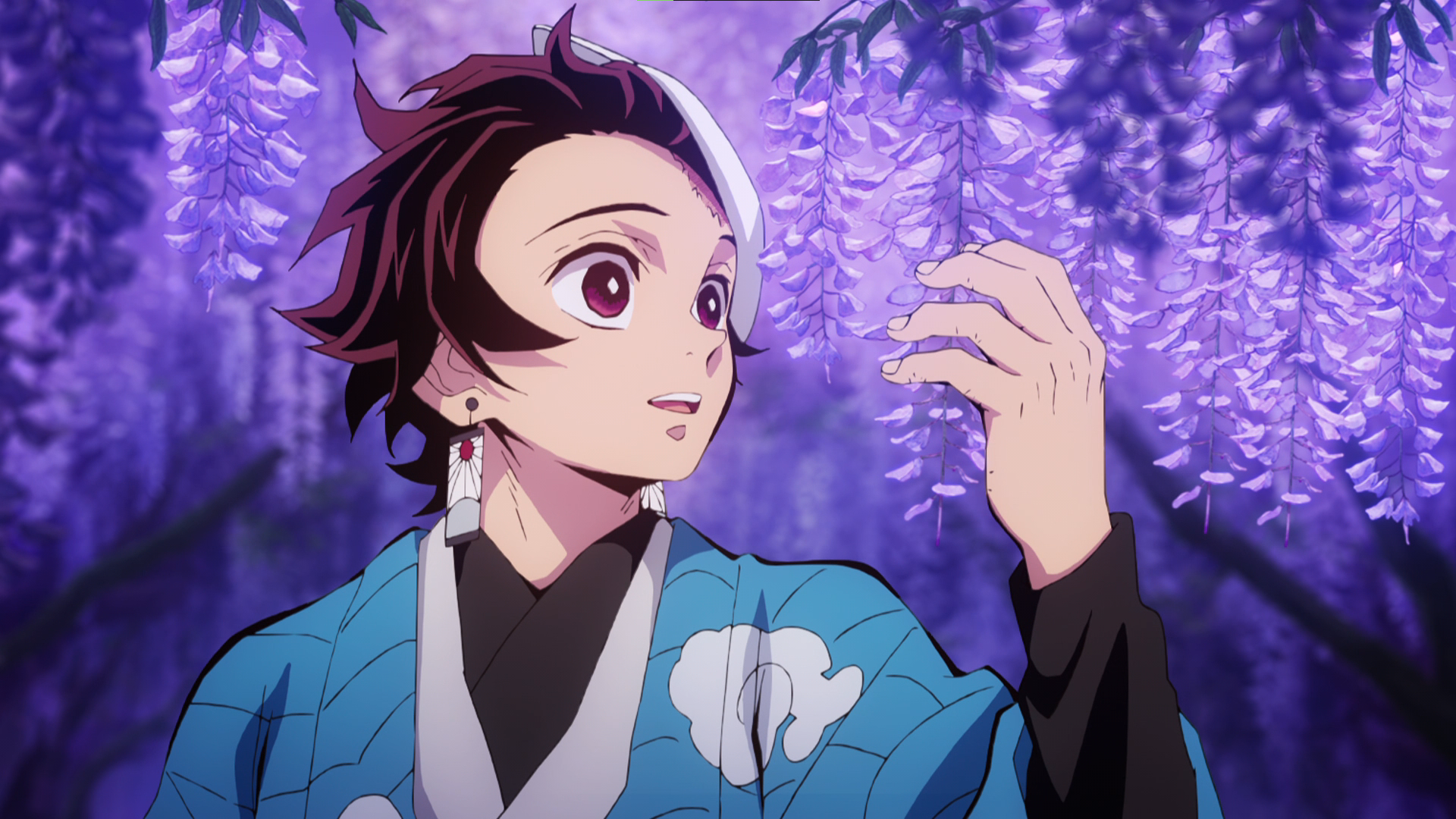 Kimetsu No Yaiba Kamado Tanjiro Nature Flowers Wisteria Anime Anime Screenshot Kimono Purple Earring 1920x1080