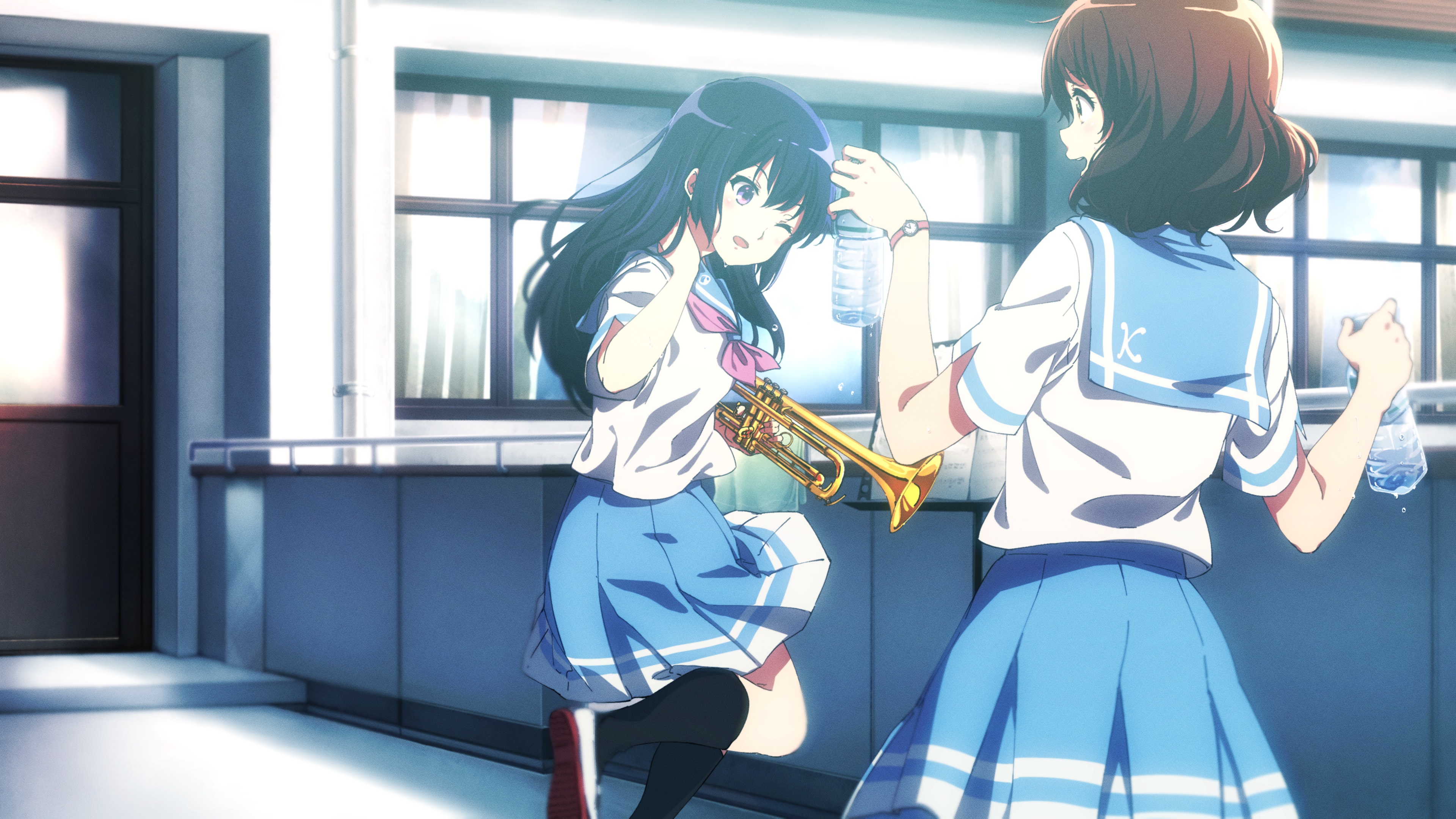 Anime Anime Girls Kumiko Oumae Skirt Kousaka Reina Water Bottle Schoolgirl School Uniform Long Hair  3840x2160