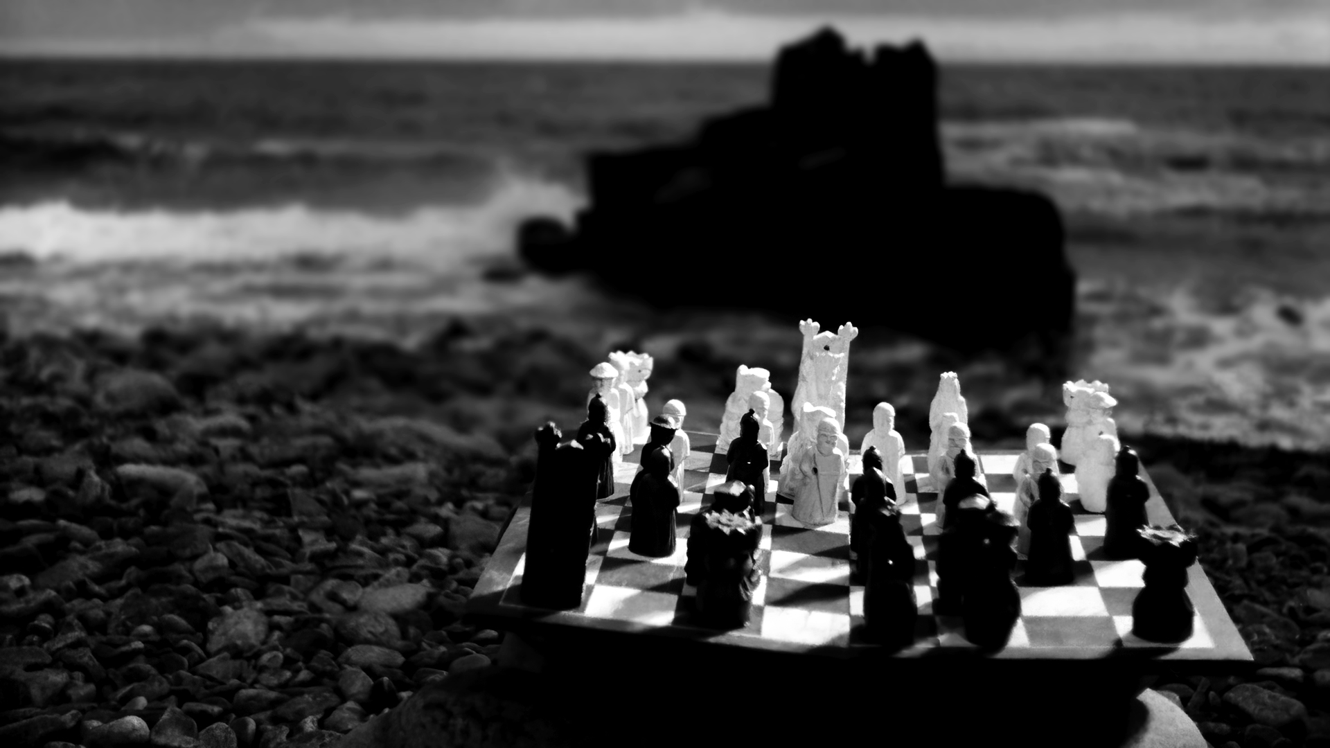 The Seventh Seal Movies Film Stills Chess Monochrome Chess Board Rocks Waves Shore 1920x1080