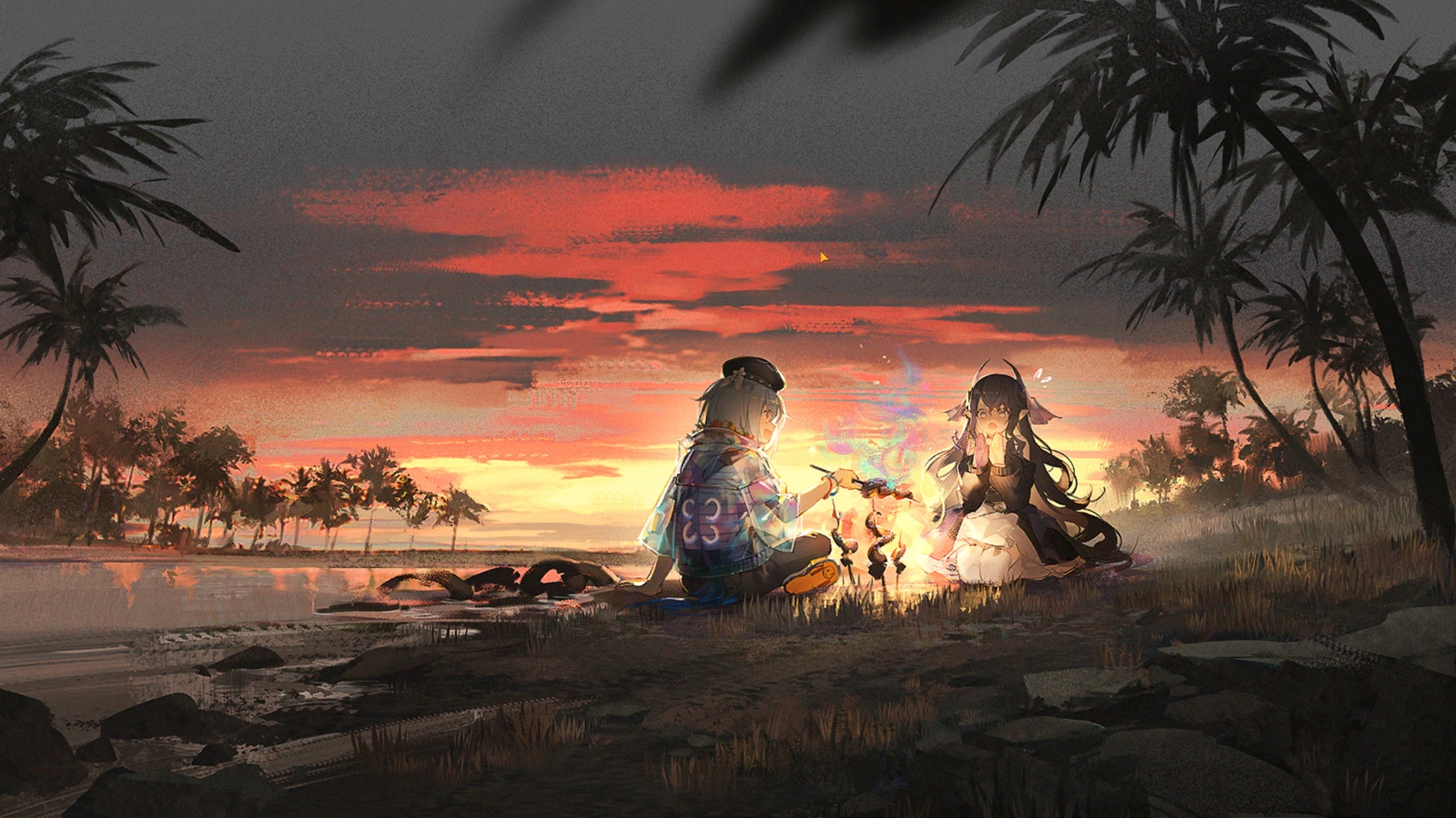 Arknights Mizuki Arknights Campfire Palm Trees Sunset Sunset Glow Sky Clouds Grass Water Anime Girls 2560x1439
