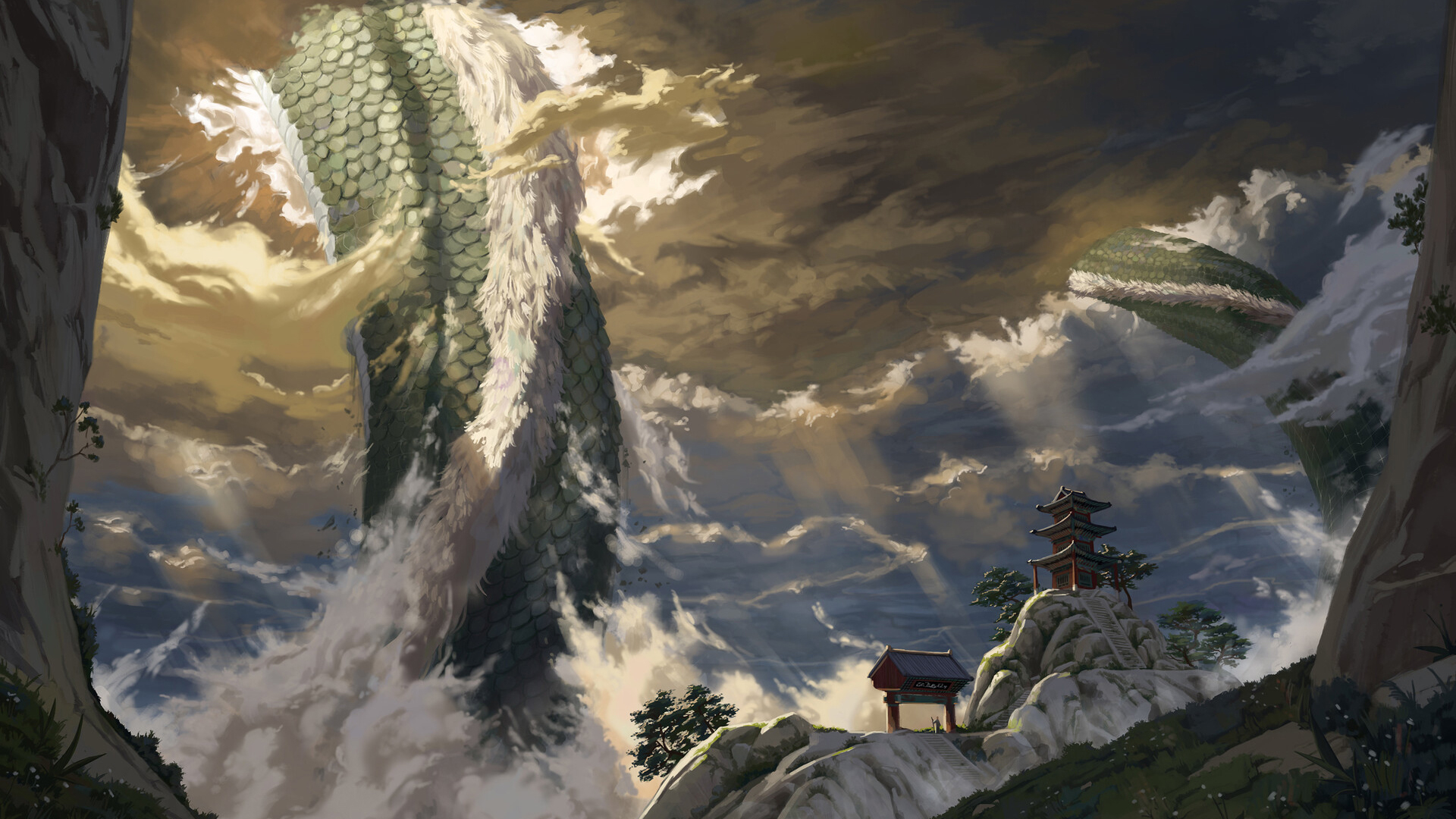 Clouds Dragon Sky Mountains Grass Trees Asian Architecture Creature Sunlight 1920x1080
