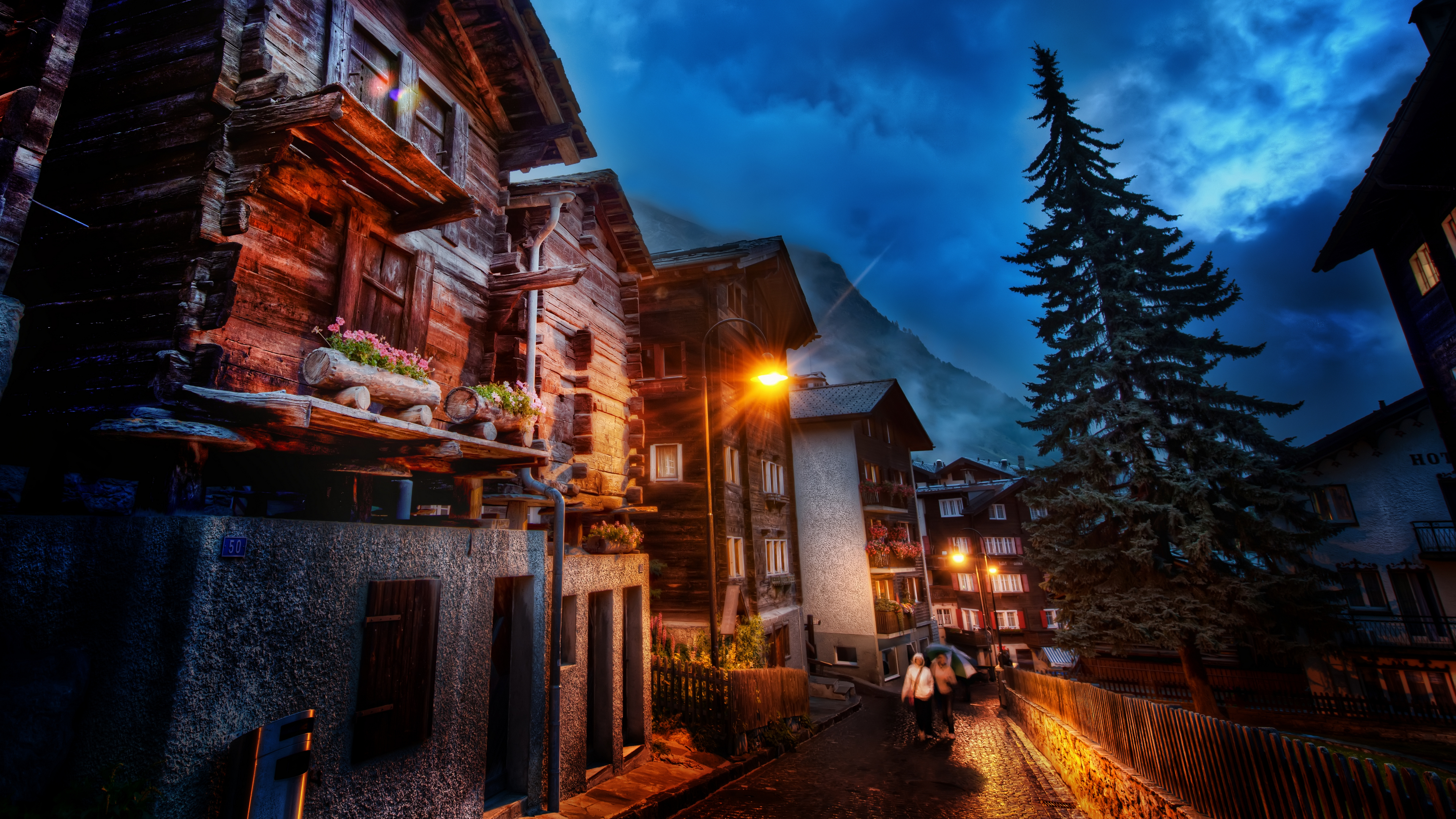 Trey Ratcliff Photography Zermatt Switzerland Night Lights House Street Clouds Trees Mountains Build 3840x2160