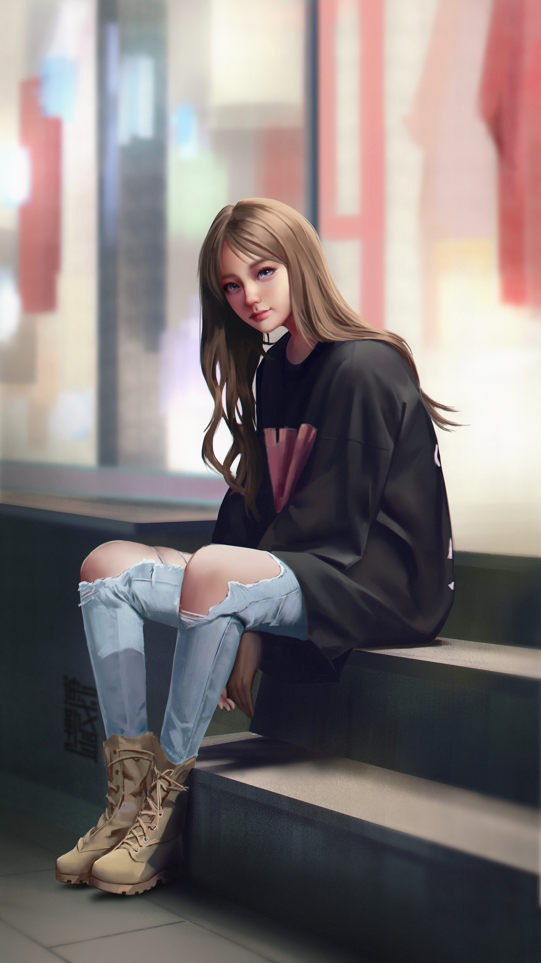 Xu Weili Illustration Women Pants Digital Art Ladders Long Hair Sitting Boots Black Top Torn Jeans S 1835x3264
