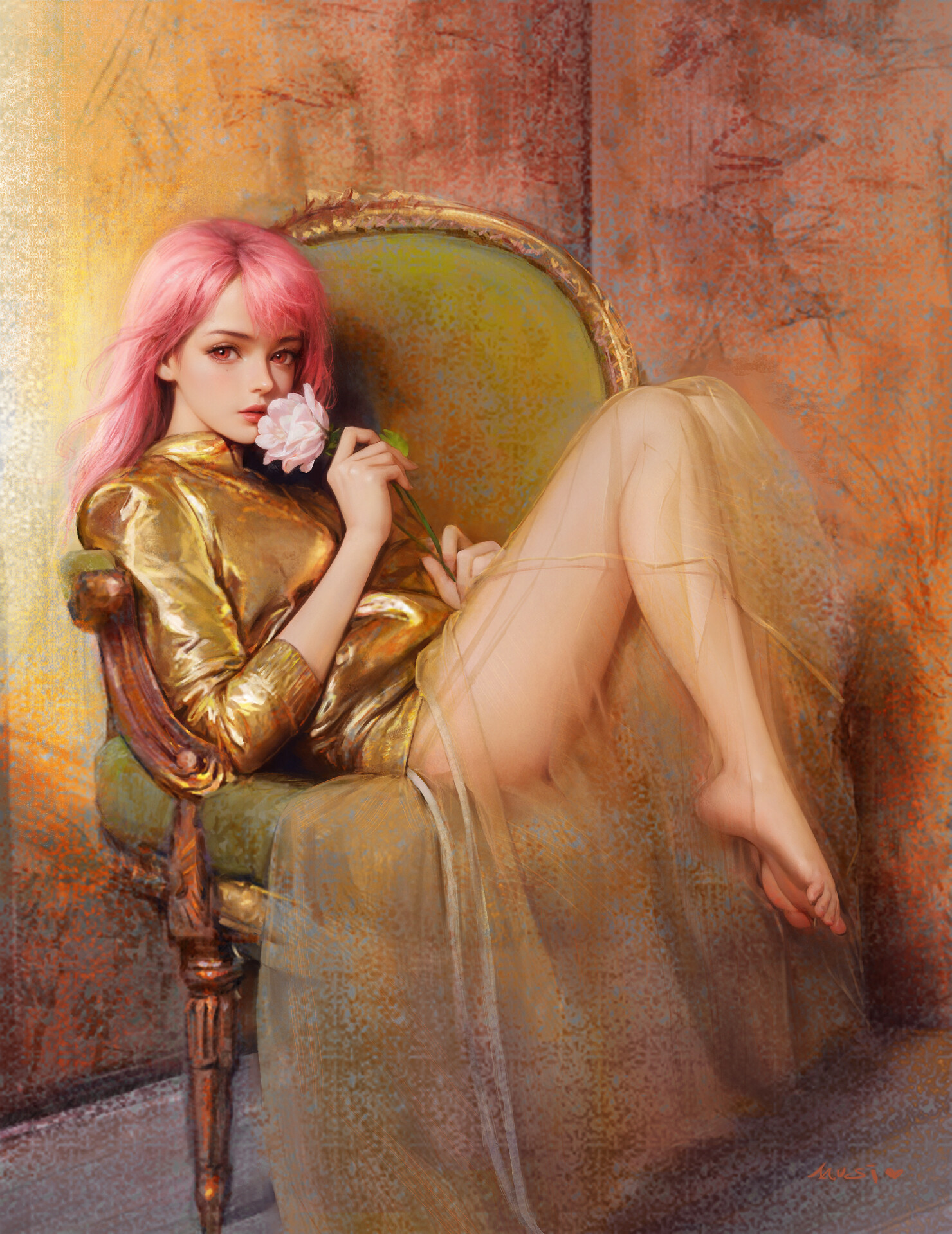 Mu Si Drawing Women Pink Hair Gold Barefoot Chair 1480x1920