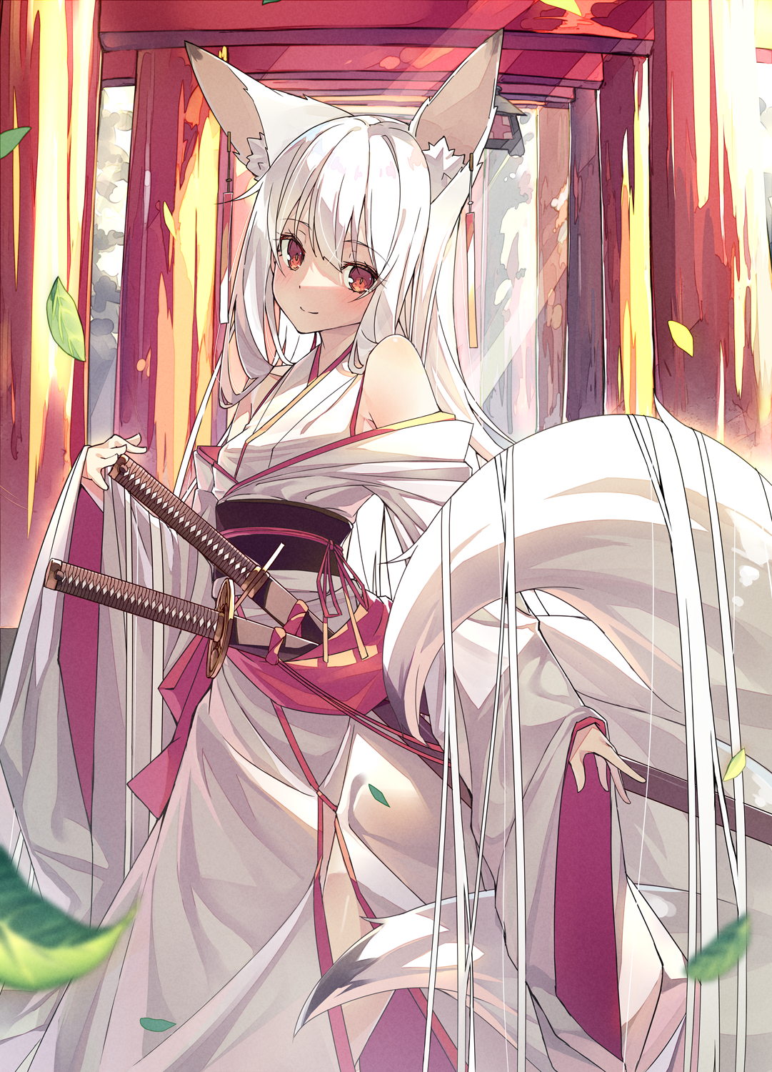 Anime Girls Fox Ears White Hair Fox Girl Sword Red Eyes Wallpaper -  Resolution:1081x1500 - ID:1326009 