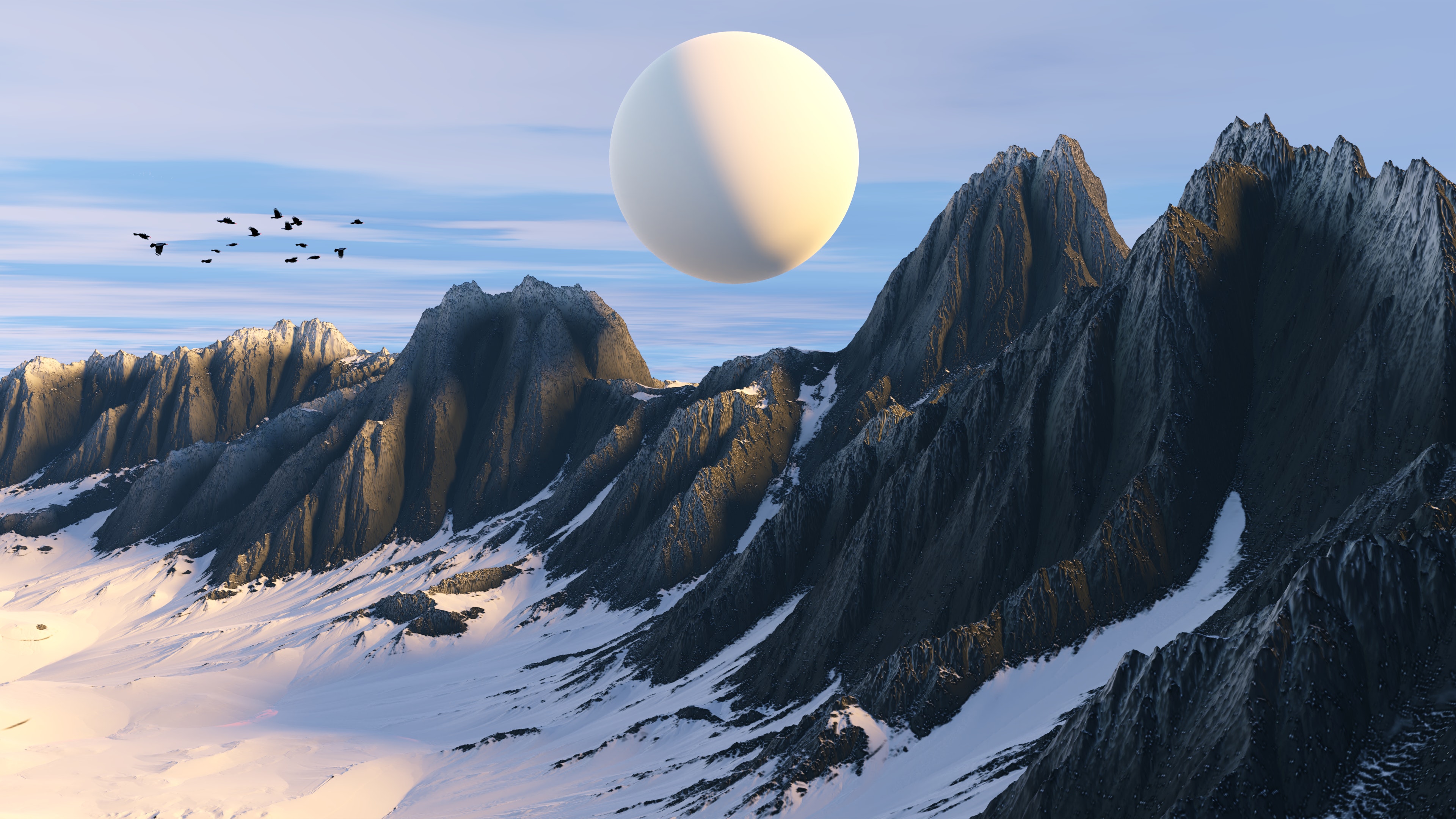 Digital Digital Art Artwork Illustration Mountains Landscape Snow Planet Abstract 3D Nature Birds 3840x2160