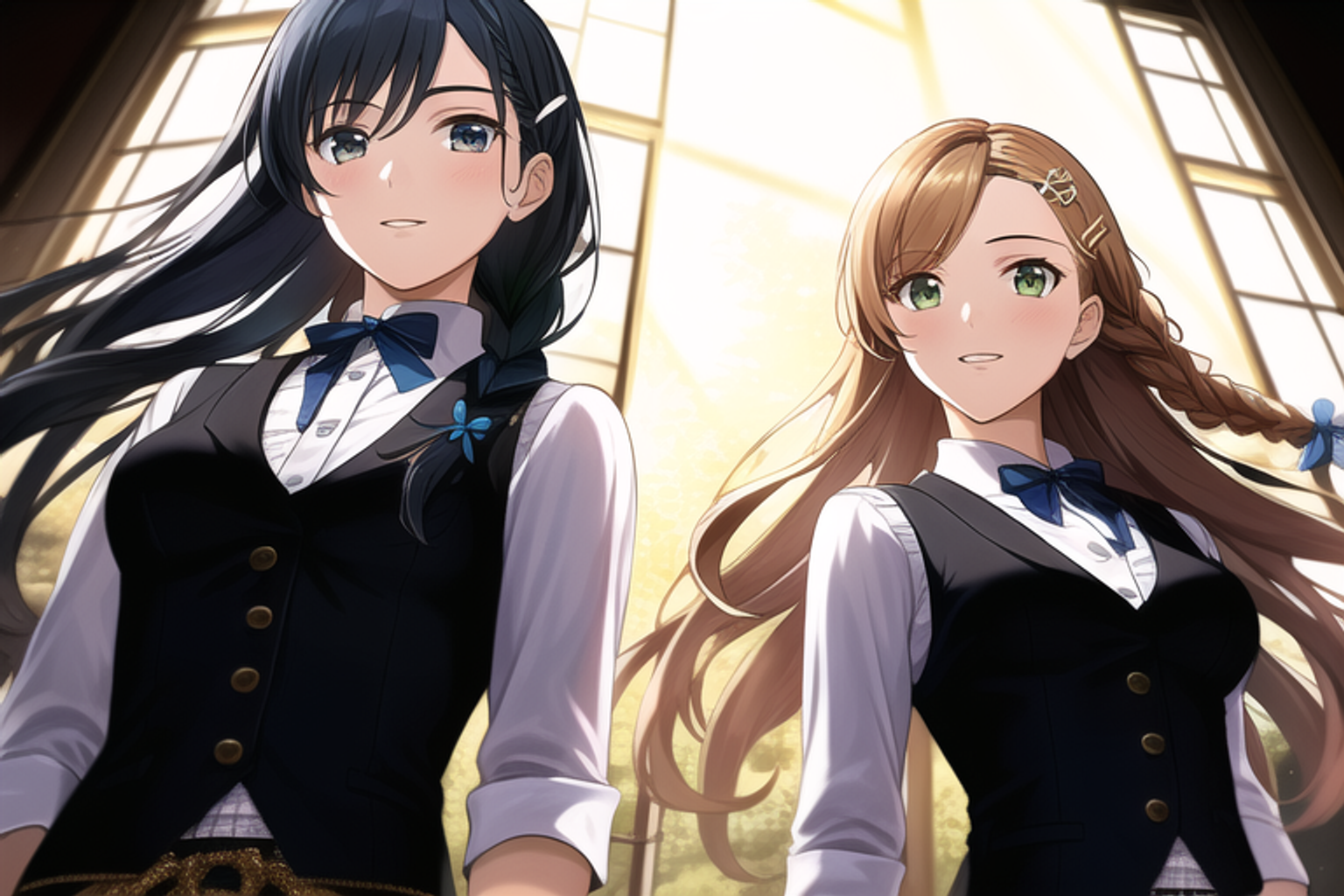 Anime Anime Girls Original Characters Artwork Digital Art Braids Braided Hair Bow Tie Low Angle Two  1536x1024