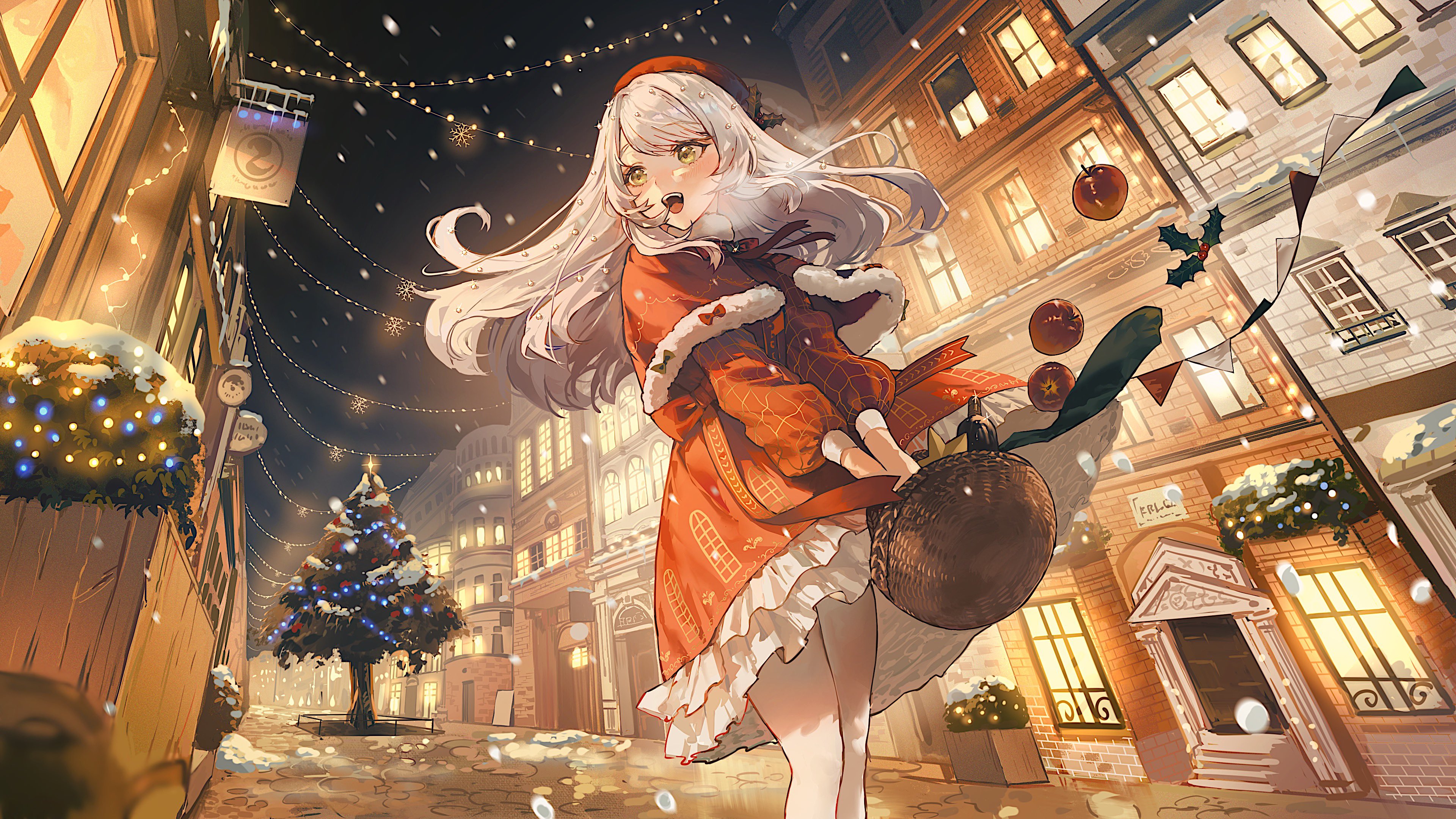 White Hair Christmas Clothes Yellow Eyes Christmas Tree Low Angle Anime Girls Snow Christmas Apples 3840x2160