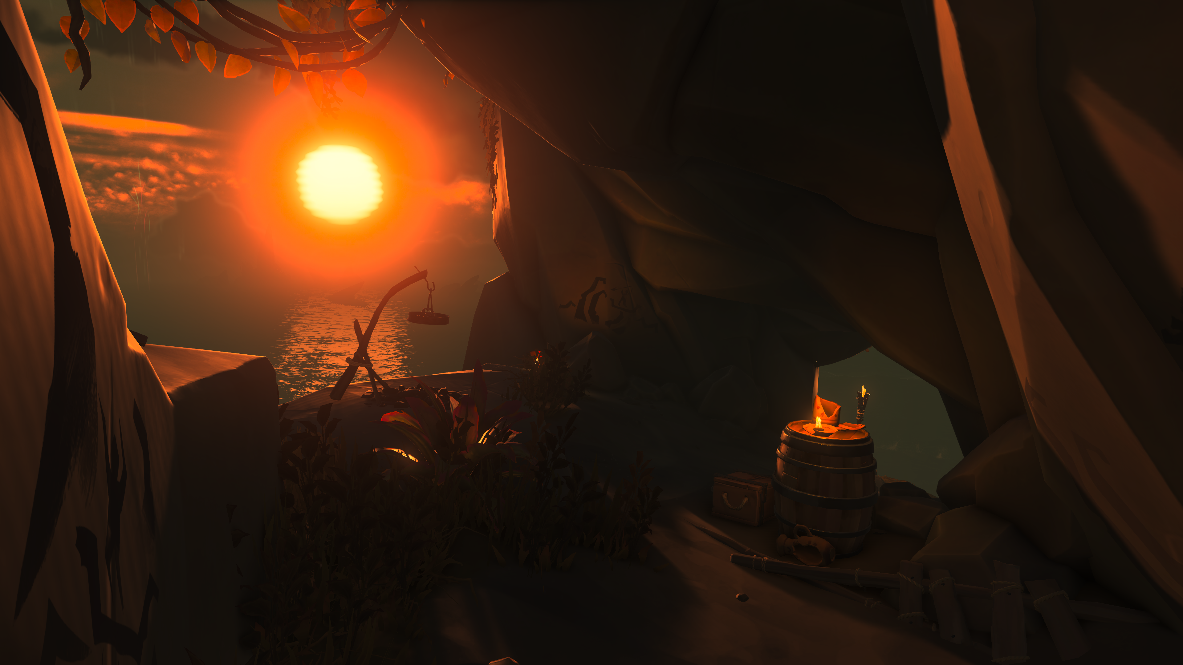 Sea Of Thieves Sea Pirates Video Games Video Game Art Sun Sunset Glow Water CGi Leaves 3840x2160