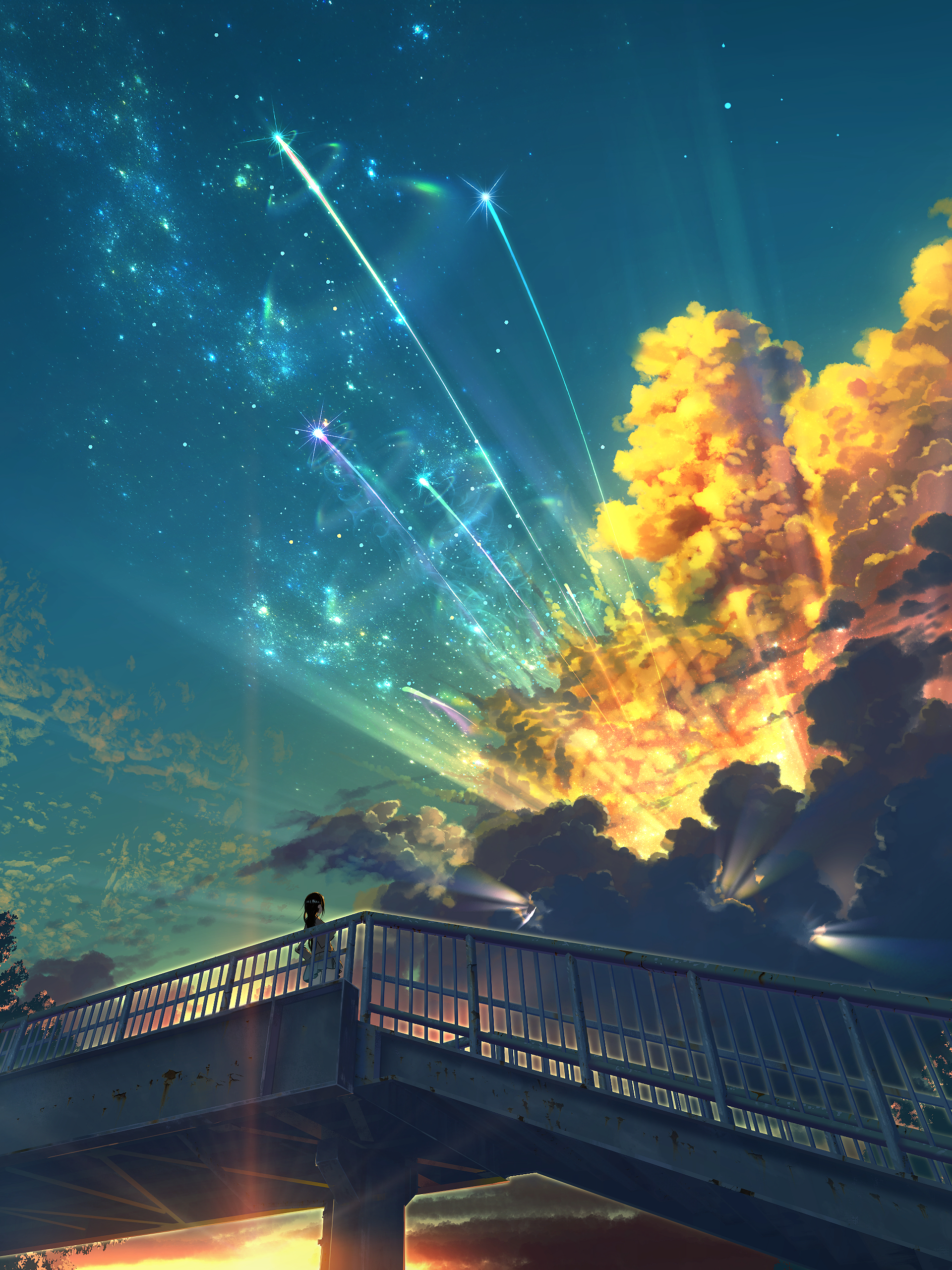 Anime Girls Shooting Stars Starred Sky Black Hair Clouds Bridge Sky Sunset Glow Stairs Smile Artist  1920x2560