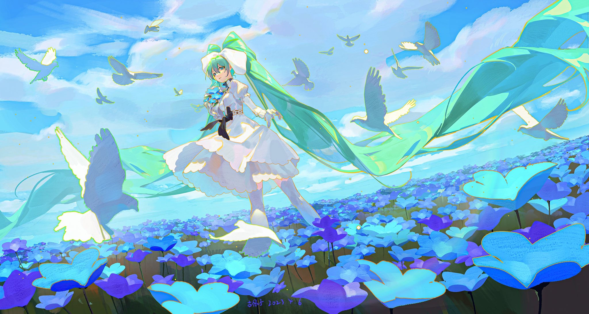 Vocaloid Hatsune Miku Anime Girls Blue Flowers Flowers Looking At Viewer Looking Back Animals Green  2048x1092