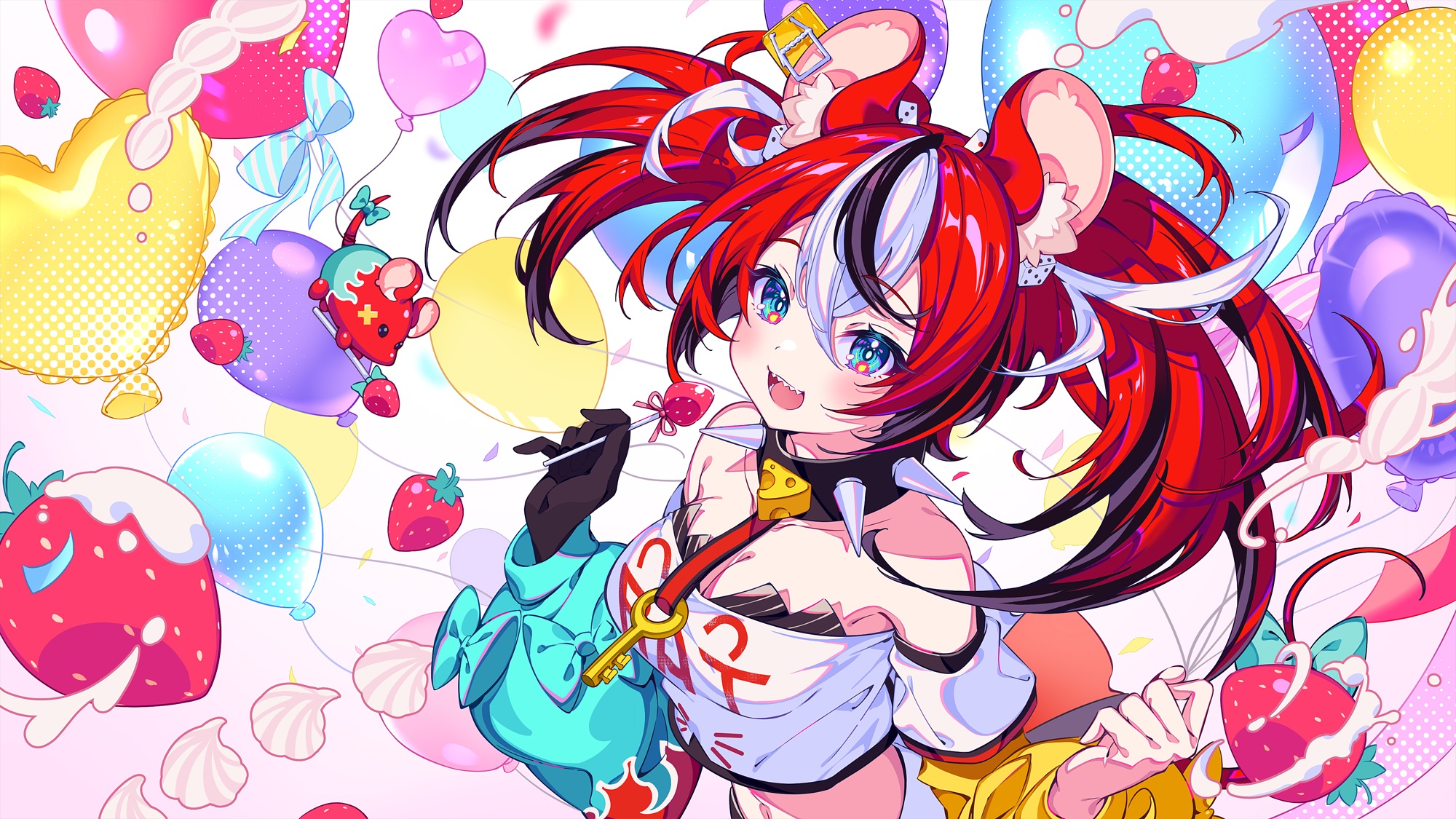 Anime Anime Girls Hakos Baelz Hololive Virtual Youtuber Choker Multi Colored Hair Balloon Strawberri 2000x1125