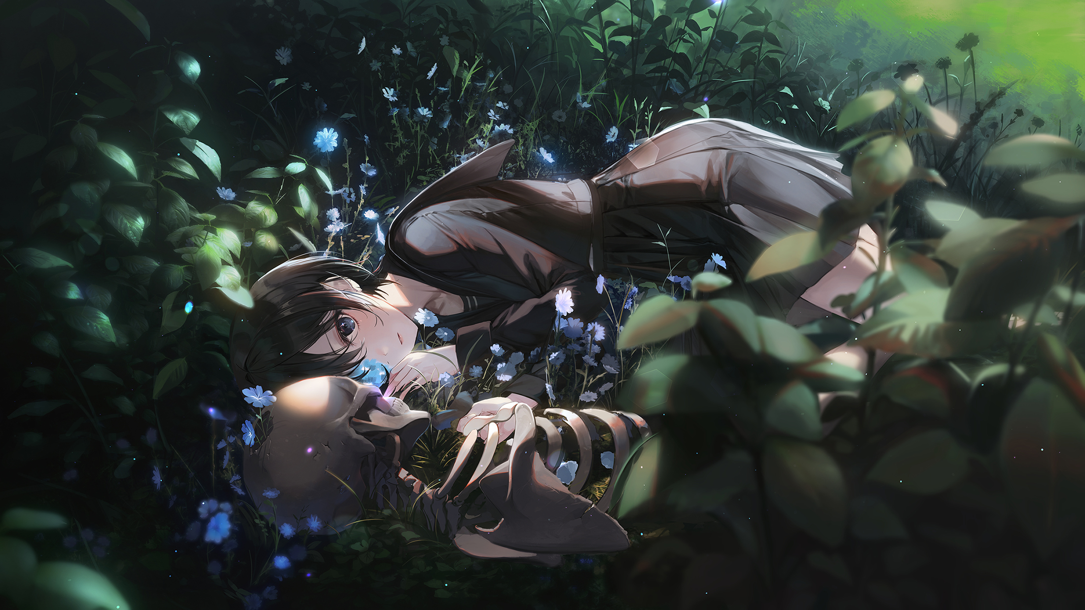 Anime Anime Girls Lying Down Plants Skeleton Wallpaper -  Resolution:2200x1237 - ID:1320568 