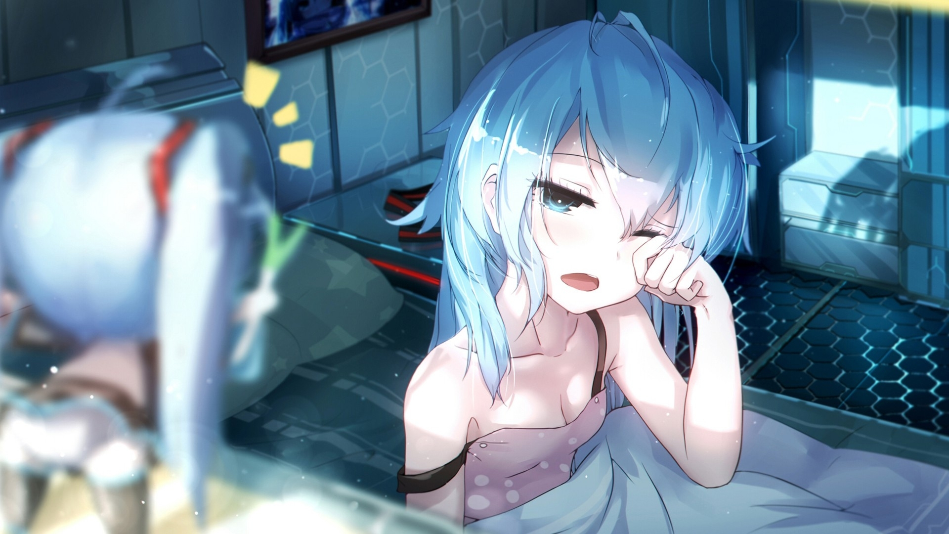 Anime Girls Artwork Bai Yemeng Vocaloid Hatsune Miku Sleepy One Eye Closed Twintails Blue Hair Blue  1920x1080