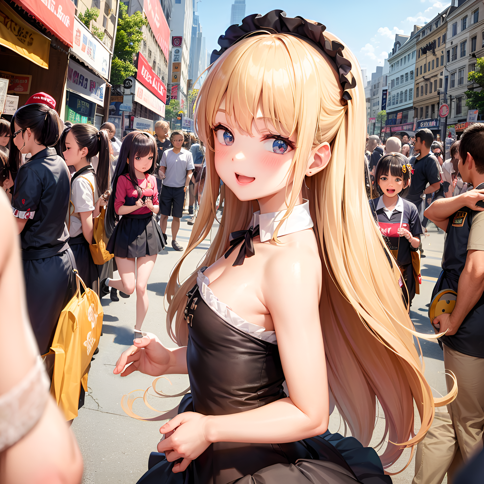 Anime Girls Blonde Long Hair Hairband Vertical Crowd People City Ai Art 2048x2048