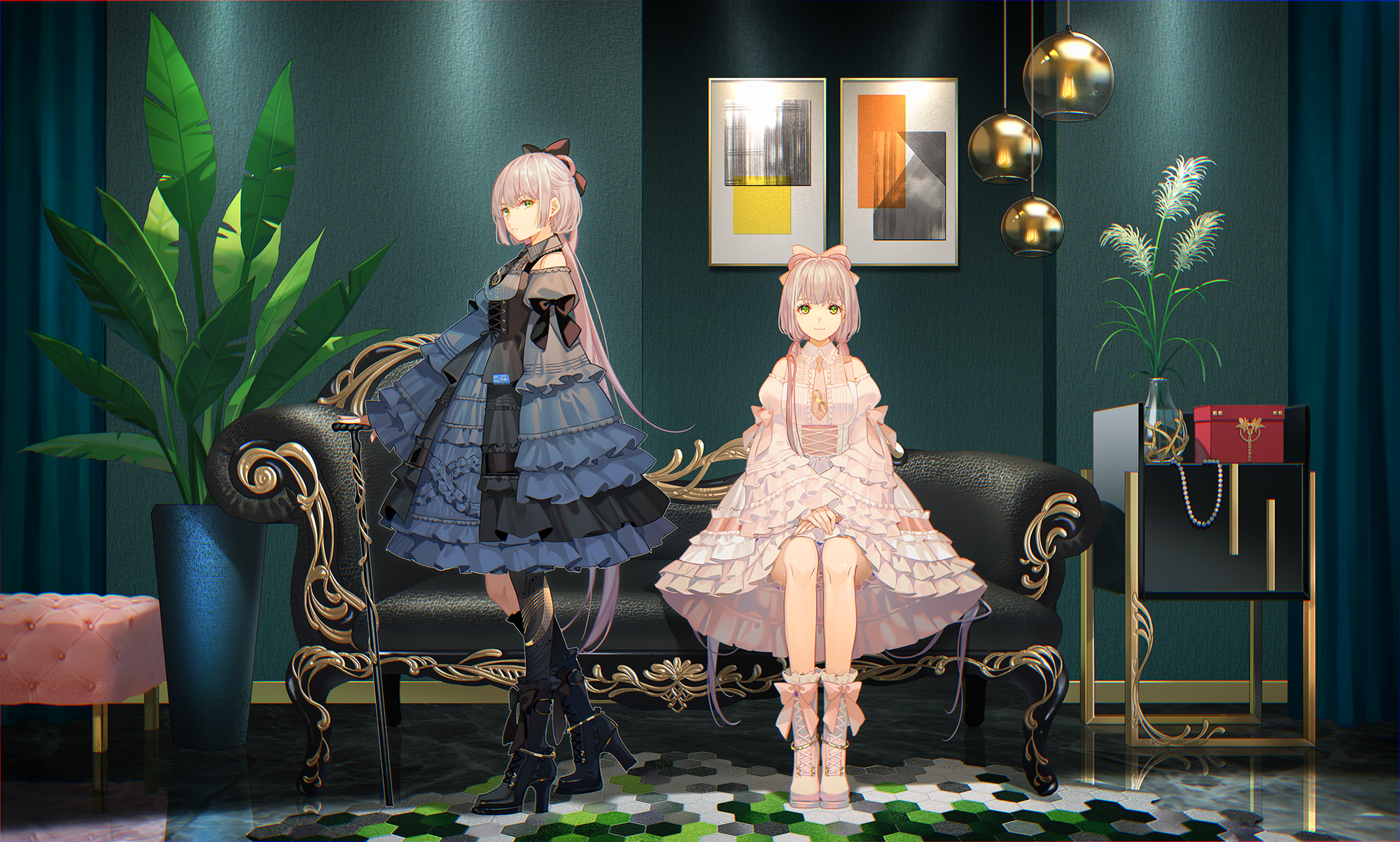 Anime Anime Girls Pixiv Dress Frills Looking At Viewer Standing Sitting Leaves Couch Indoors Women I 2000x1203