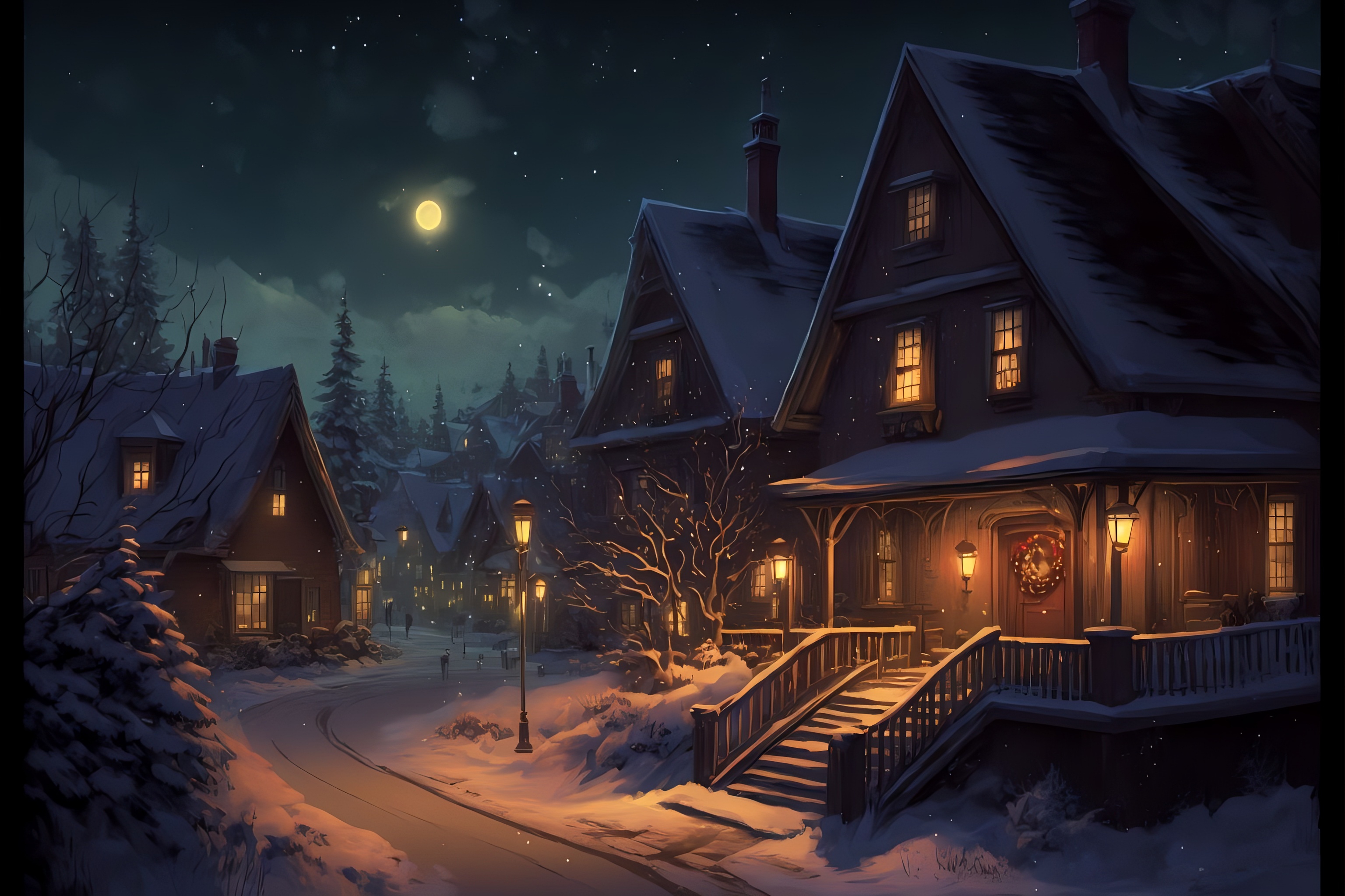 Snow Christmas Full Moon Trees Pine Trees House Night Landscape Digital Art Ai Art 3072x2048