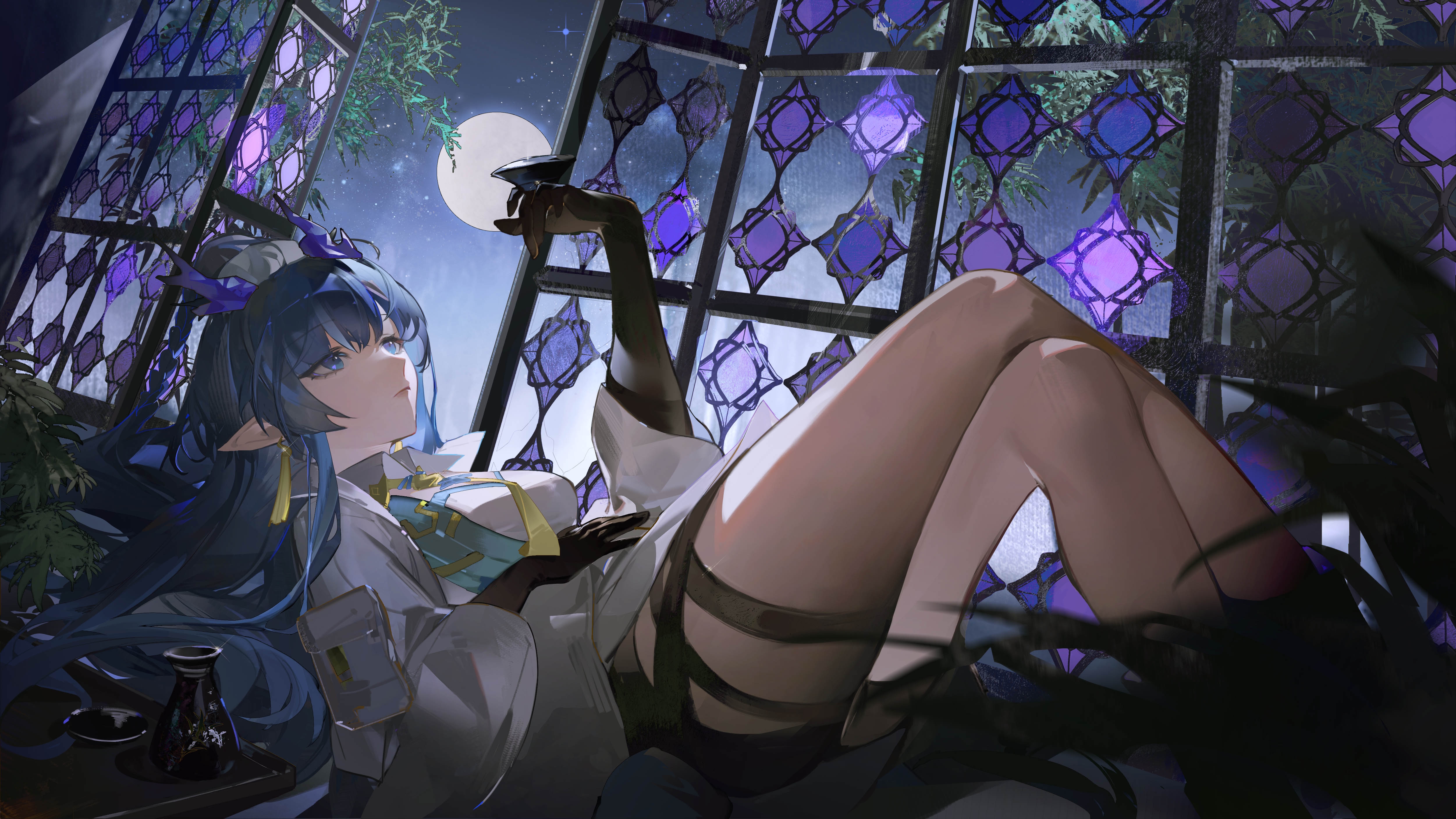Yipei Anime Girls Arknights Ling Arknights Night Looking Up Legs Legs Crossed Window Stars Starry Ni 5004x2815