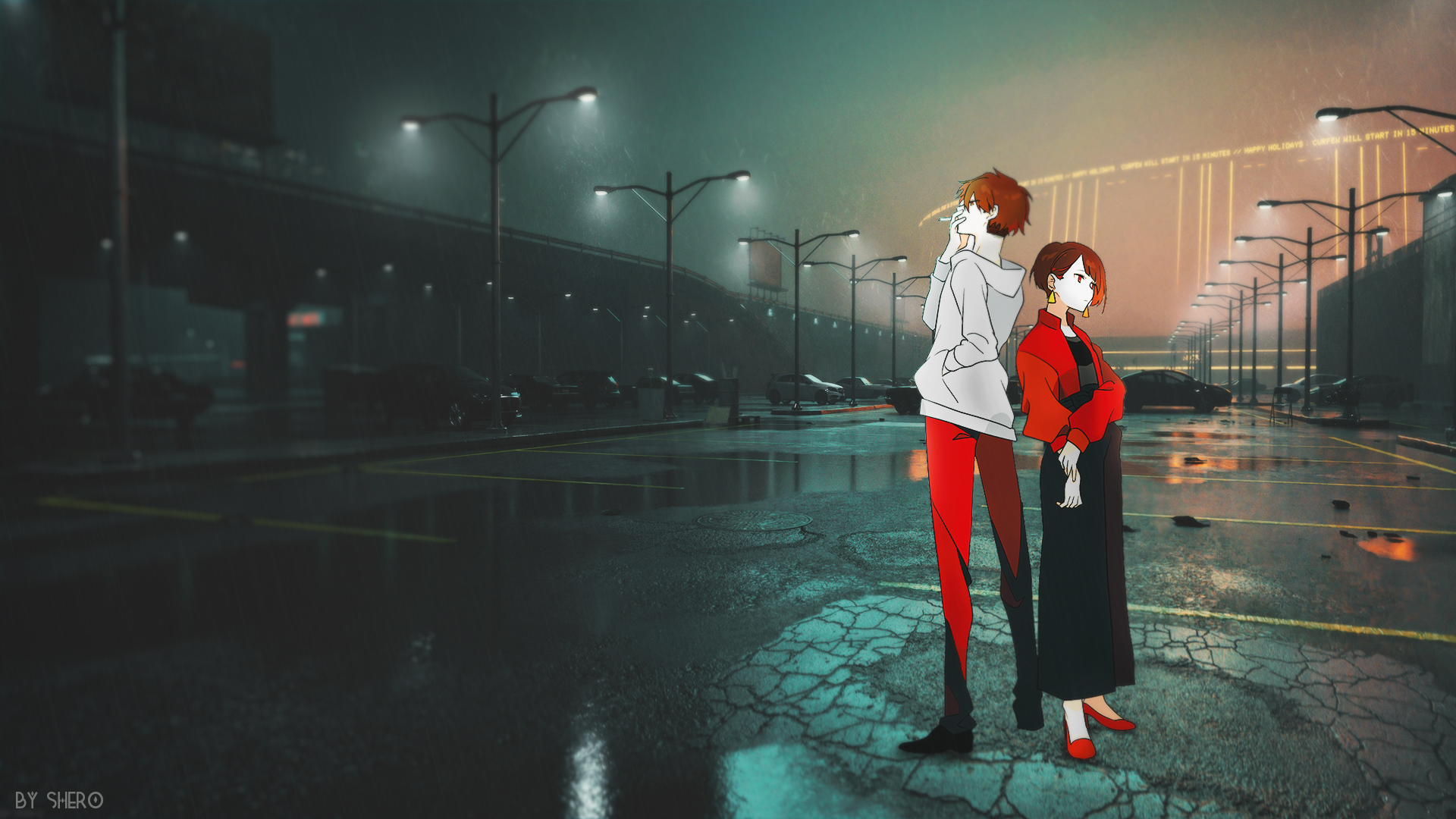 Japan Couple Parking Lot Night Sunset Anime Girls Cigarettes Anime Boys Street Light Animeirl Minima 1920x1080