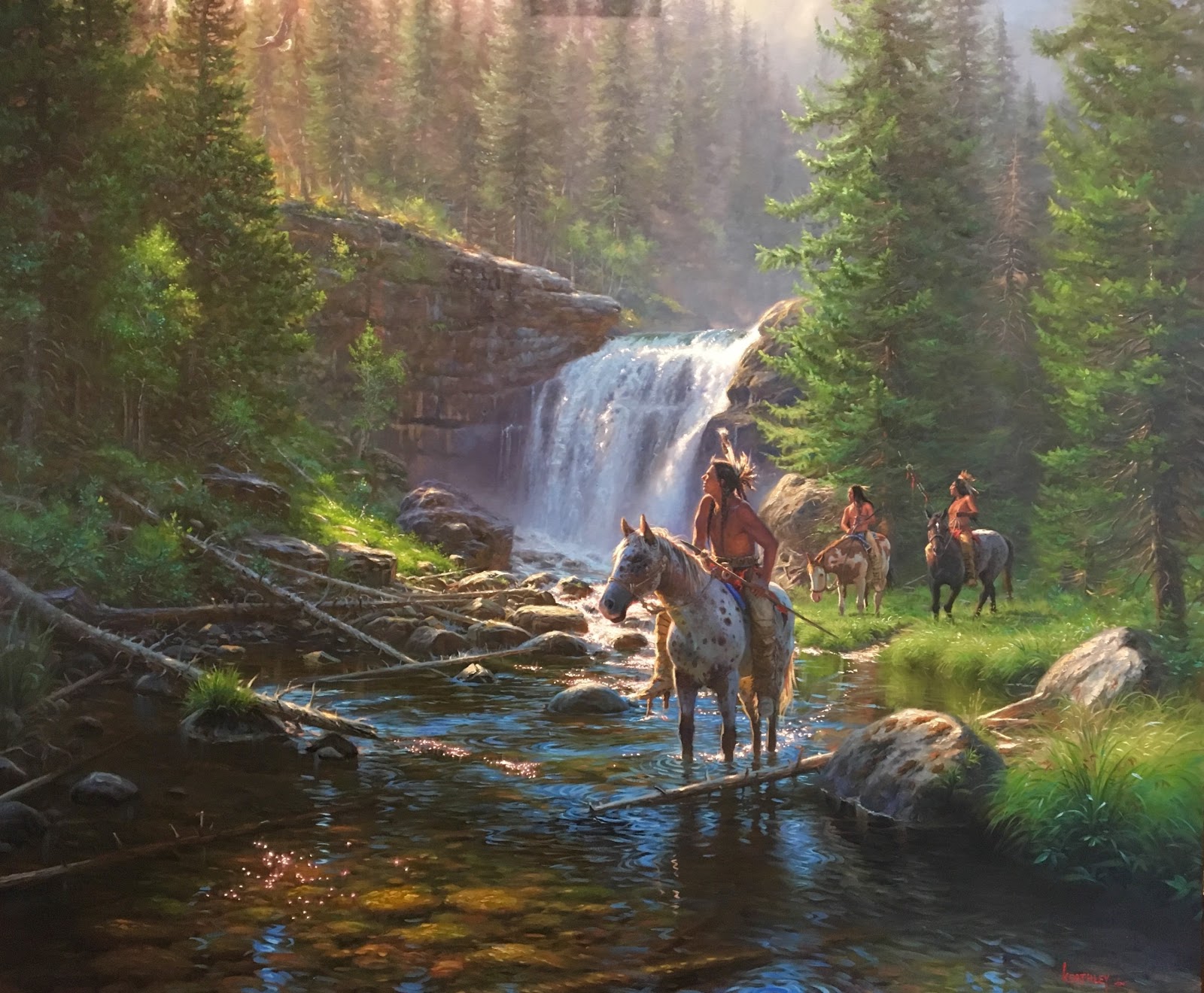 Native Americans Mark Keathley Painting Nature Horse Water Animals Artwork 1600x1320