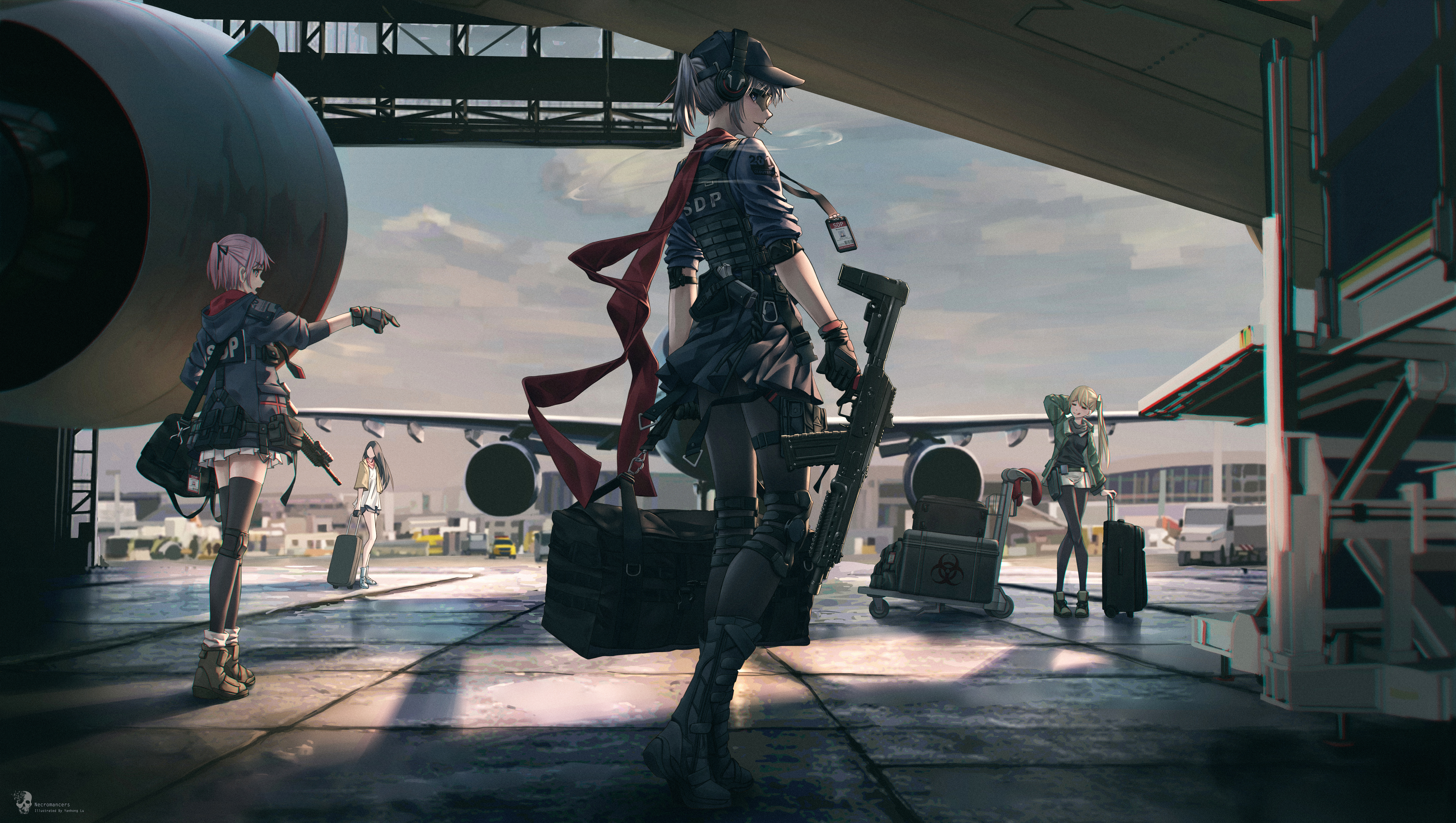 Lu Artist Airport Original Characters Anime Girls Gun Luggage 4600x2600