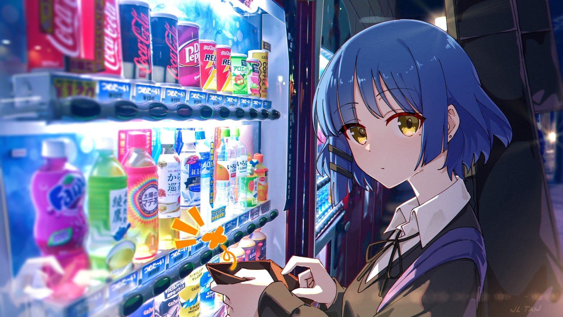 Anime Anime Girls BOCCHi THE ROCK Yamada Ryo Vending Machine Purse Drink Blue Hair Yellow Eyes Walle 1920x1080