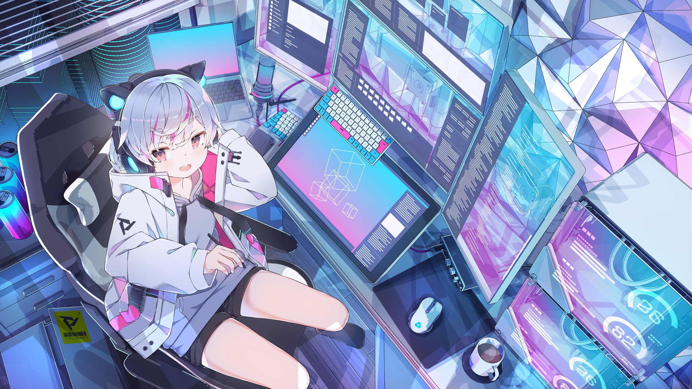 Anime Anime Girls Sitting Headphones Computer Drawing Cube Mouse Pad Two Tone Hair Chair Coffee Cup  2400x1350