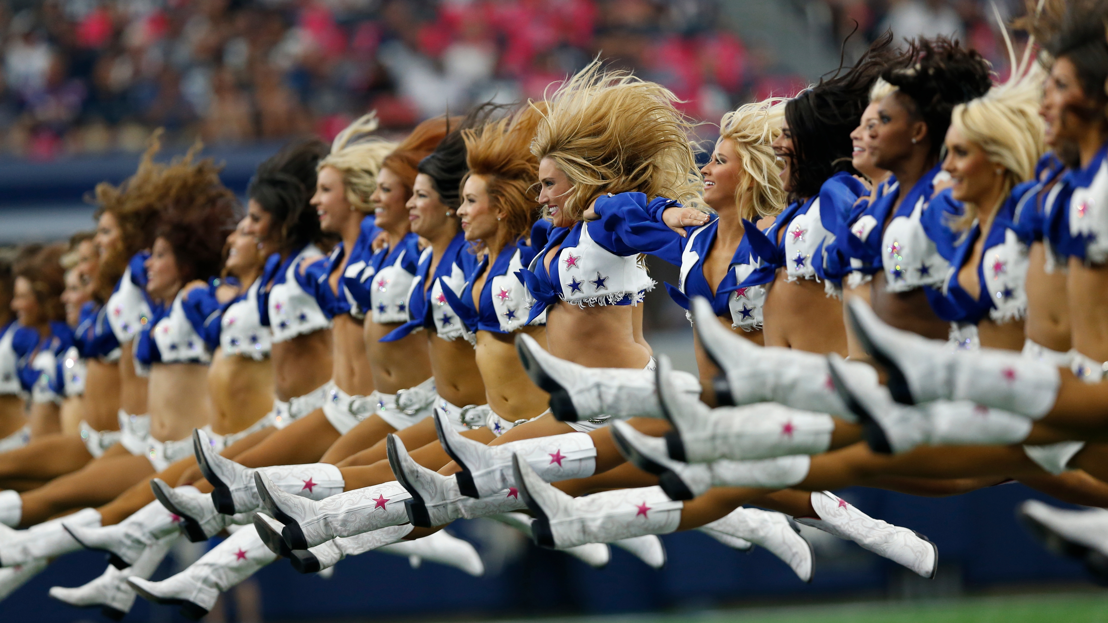 Cheerleaders Dallas Cowboys NFL Bare Midriff Blonde Brunette Long Hair Boots Uniform 4K Group Of Wom 3840x2160
