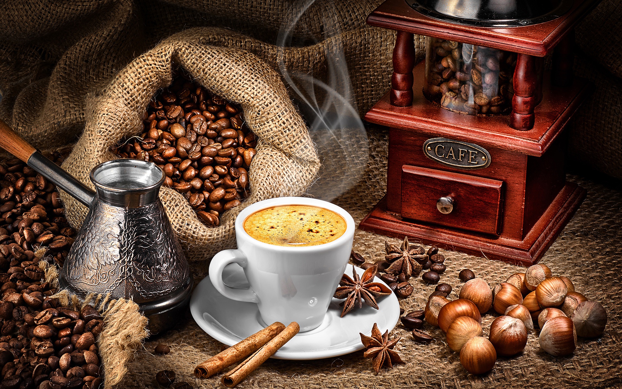 Cup Cinnamon Coffee Beans Star Anise Hazelnut 2000x1252