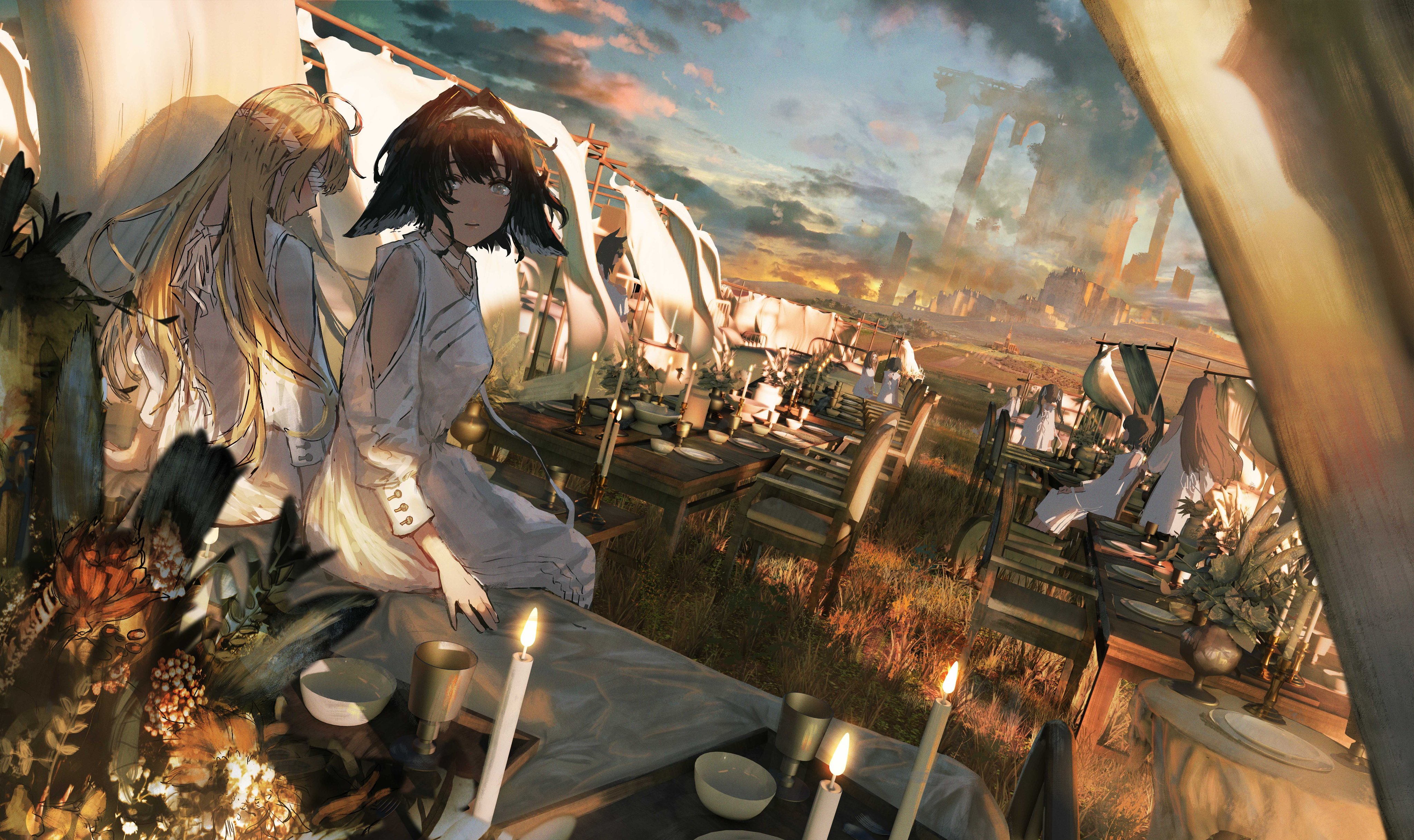 Festivals Looking At Viewer Sitting On Desk Anime Girls Short Hair Candles Chair Clouds Sky 4096x2435