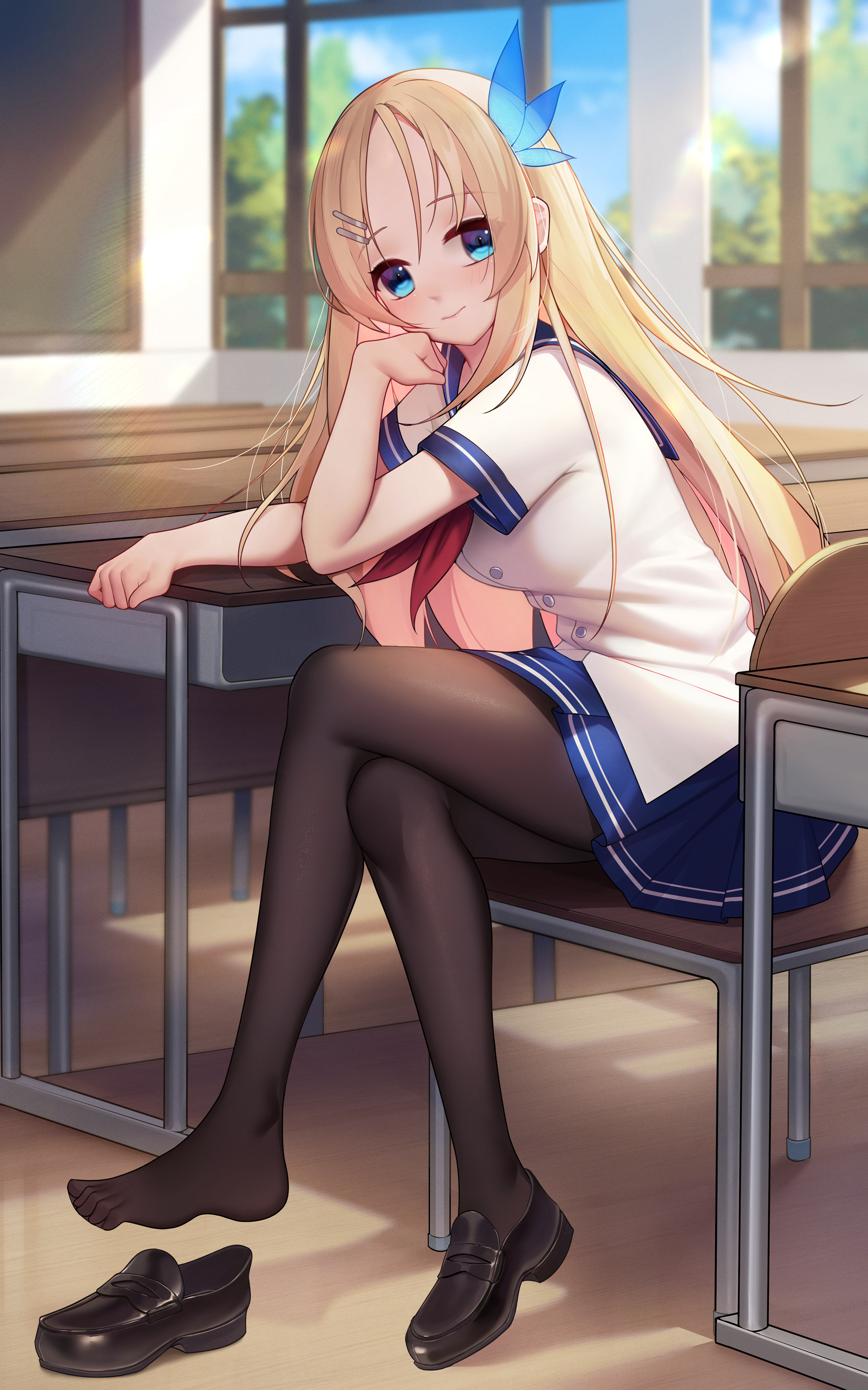 Legs Crossed Anime Girls Vertical Schoolgirl School Uniform Classroom Looking At Viewer Blonde Sunli 2000x3200