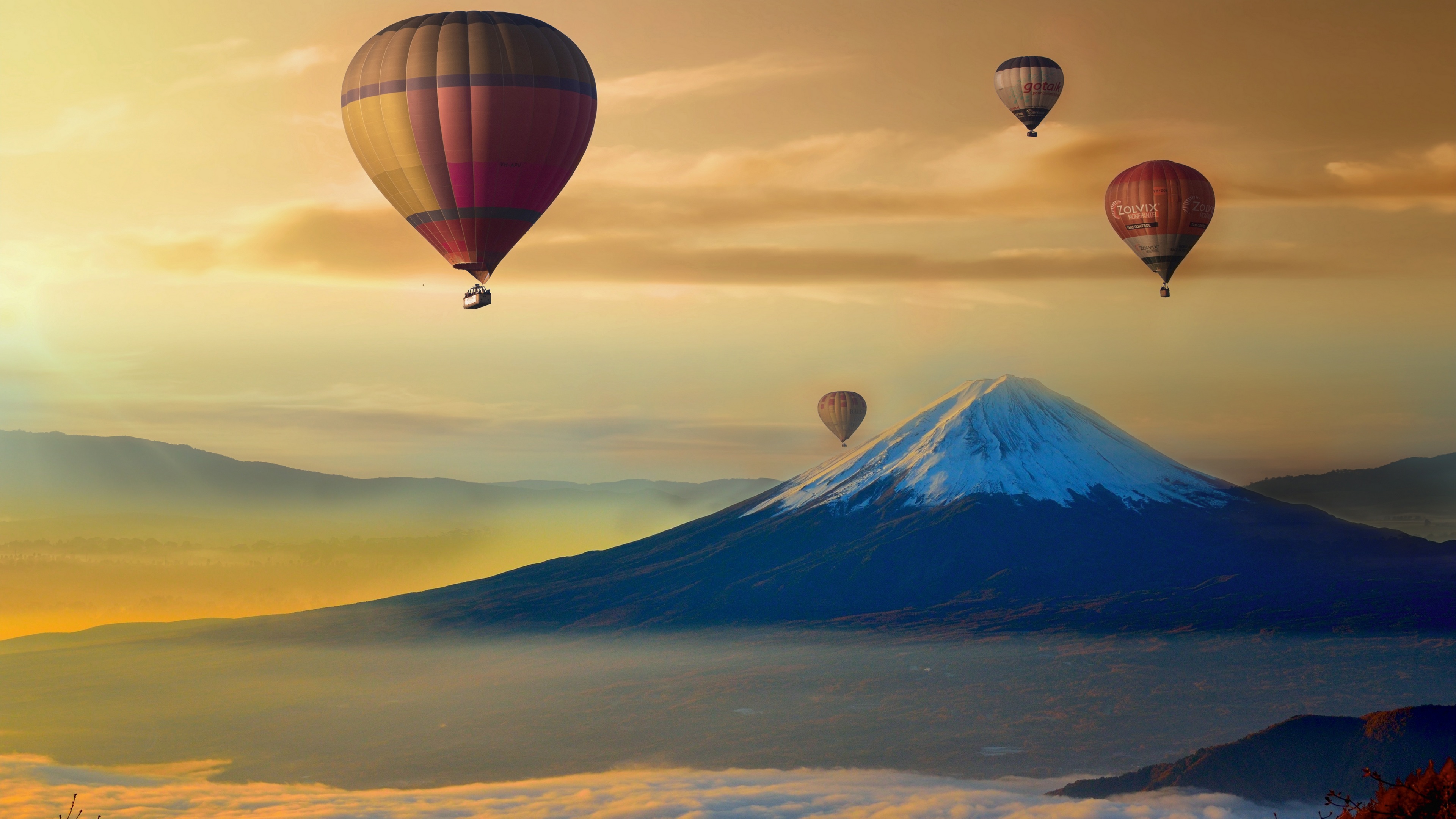 Hot Air Balloons Mountain Top Sunset Aircraft Mountains Snow Nature 3840x2160